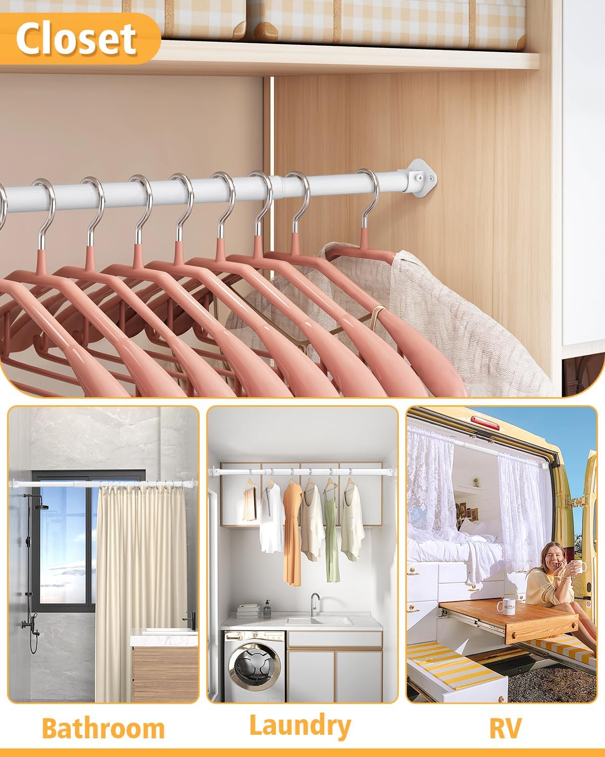 Closet Rod, 17 to 76 Inch Heavy Duty Adjustable Metal Clothing Rack for Hanging Clothes, Closet Poles for Wardrobes, Laundry, Durable Steel, White