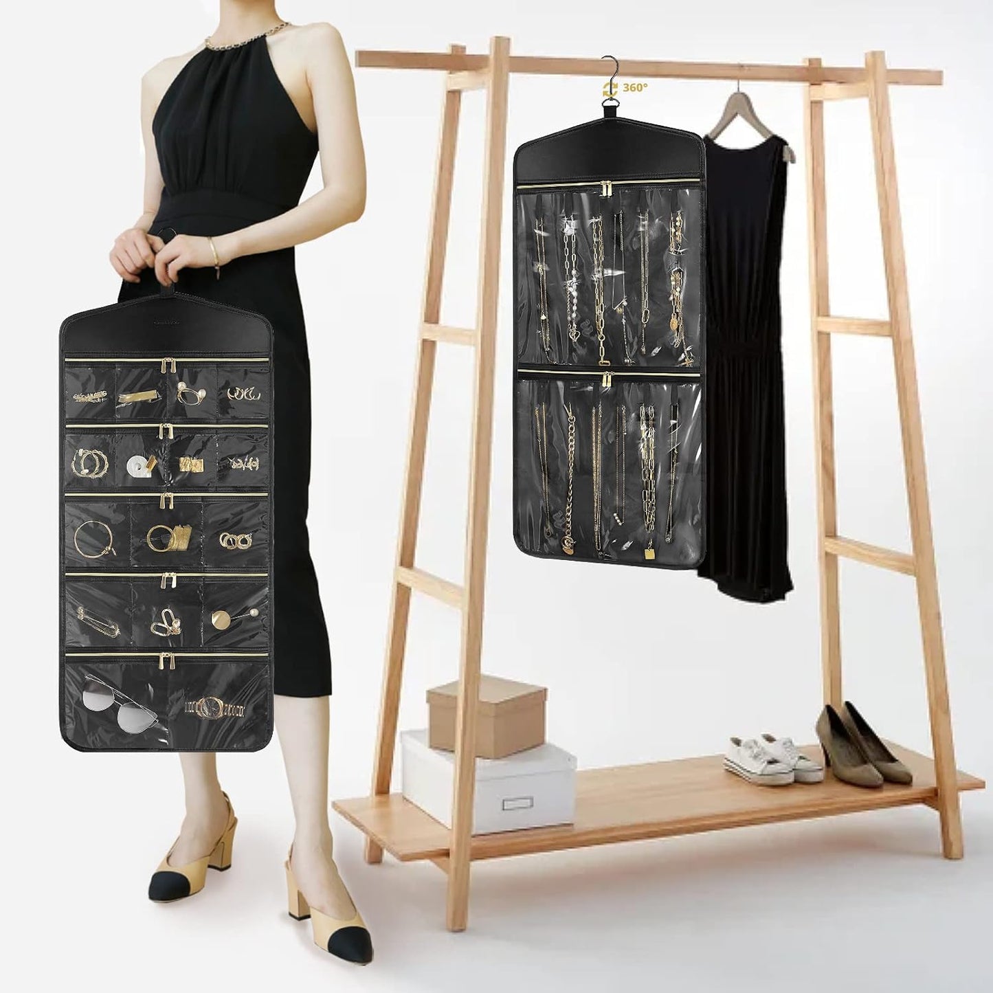 CHICECO Travel Jewelry Holder Organizer,Hanging Jewelry Organizer Storage with Zippered Pockets for Cloest,Jewelry Holder for Earrings, Necklaces(Black)
