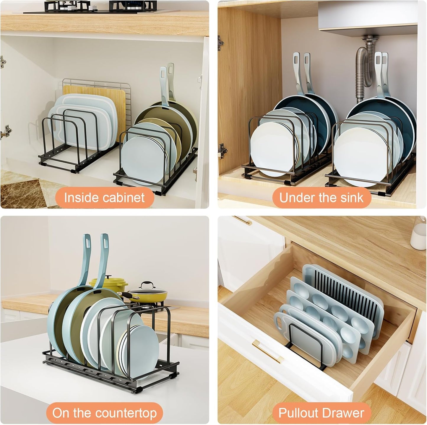 Cutting Board Organizer Rack, 1-Pack Adjustable Bakeware Organizer Holder for Cabinet Countertop, 7 Slots Metal Rack Cookie Baking Sheet, Pot Pan Lids Divider Kitchen Organization Storage, Black