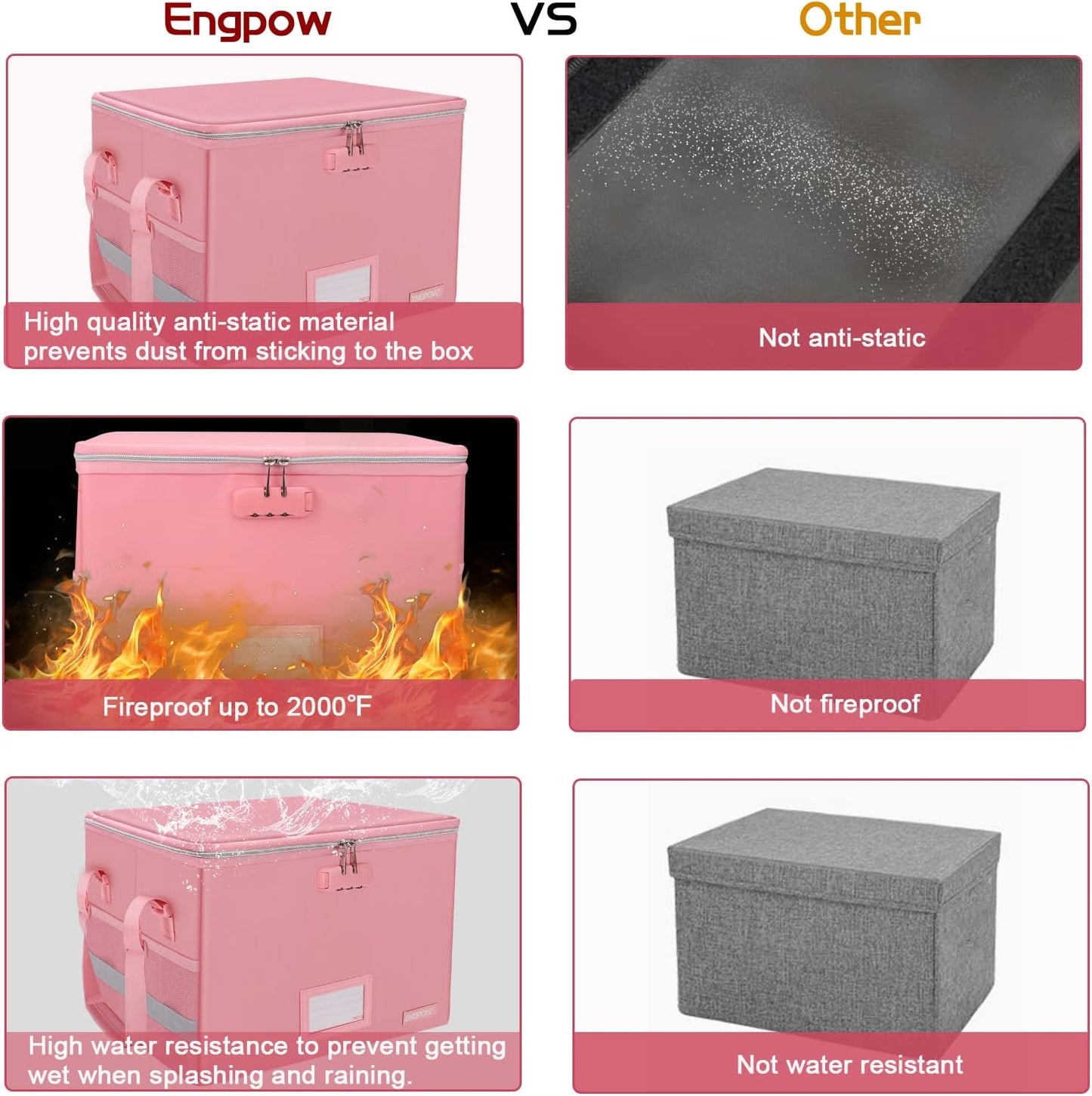 ENGPOW File Box with Lock, Fireproof Document Box with Zipper&Pockets, Collapsible File Organizer Filing Storage Cabinet with Handle, Portable Home Office Safe for Hanging Letter/Legal Folder, Pink