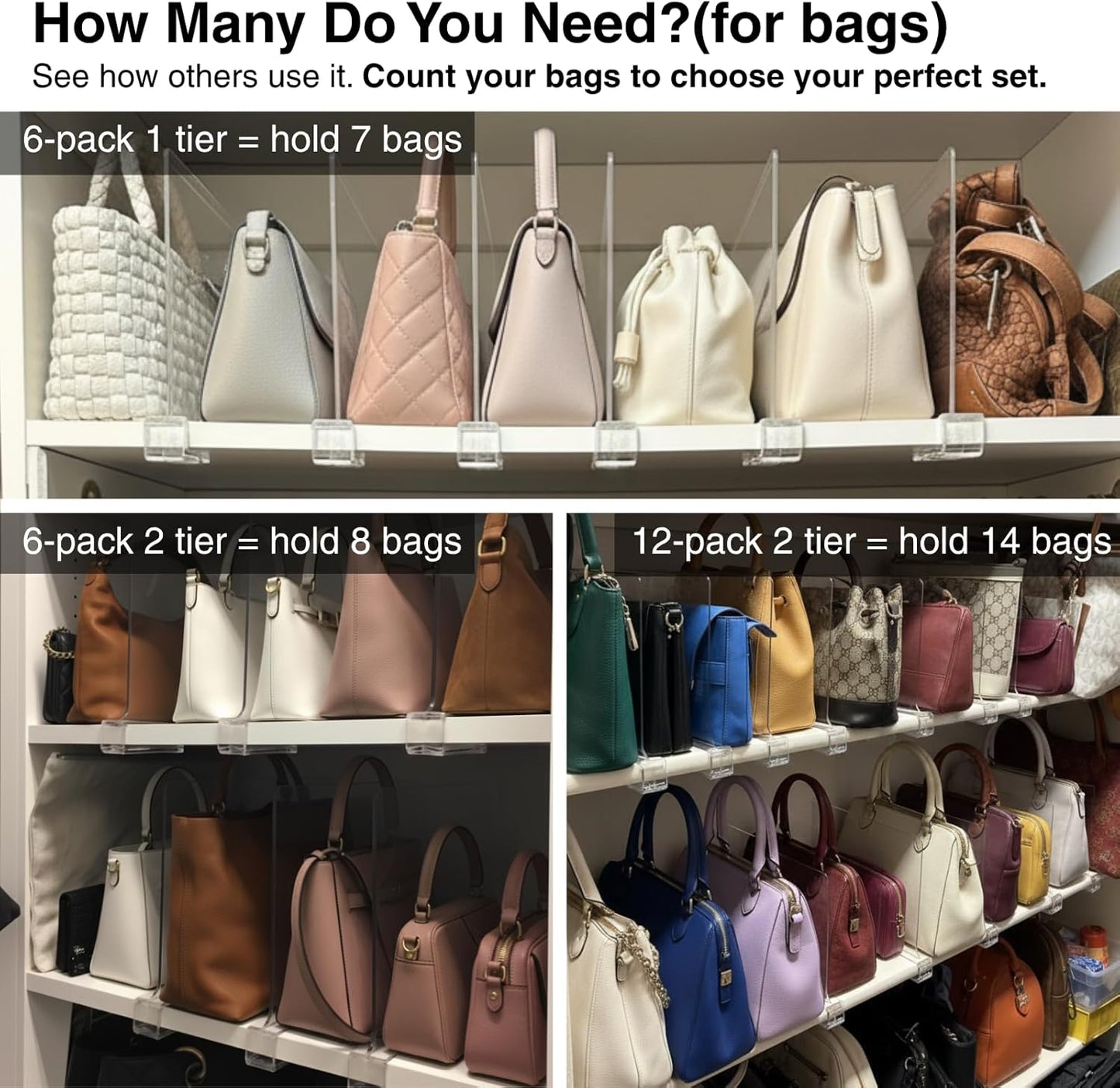 Shelf Dividers Purse Organizer for Closet: 8-Pack Acrylic Bag Storage Organizer for Handbags, Clutches, Clothes, Sweater, Towel on Wood Shelves