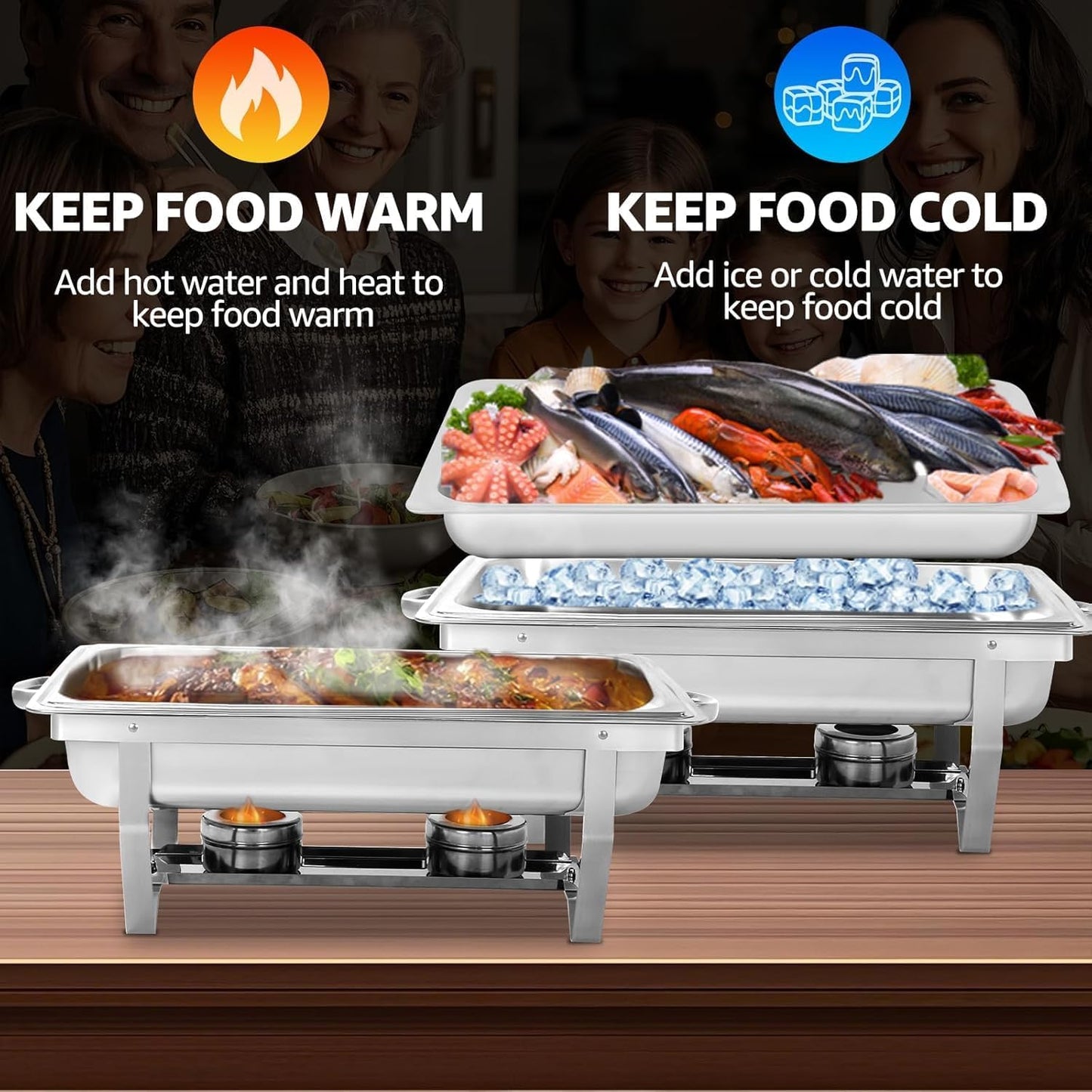 6 pack Chafing Dishes for Buffet of Stainless Steel Food Warmers 9 QT Chafers and Buffet Warmers Sets Commercial Catering Chafers, 12 Pans(full size+ 1/2 size+ 1/3 size)