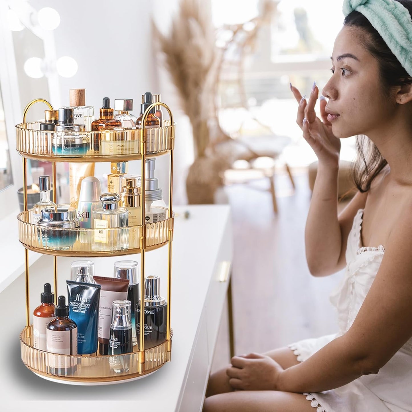 Rotating Makeup Organizer Countertop 3 Tier Lazy Susan Trays Clear Skincare Perfume Storage for Bathroom Counter Vanity, Amber Gold