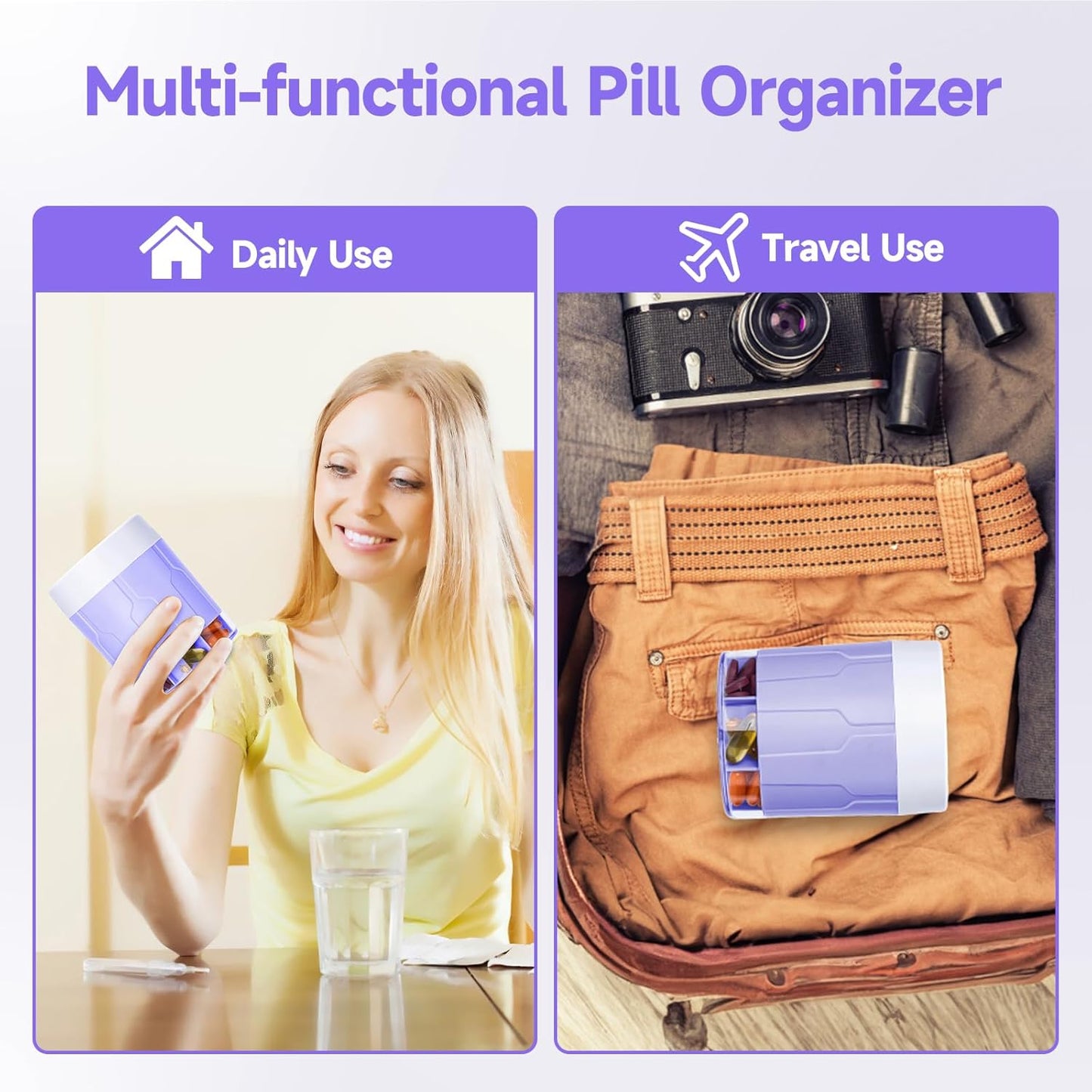 Daviky Pill Bottle Organizer, Supplement Organizer with 7 Large Compartments, Travel Pill Dispenser Round Pill Box with Two Lids(Purple)