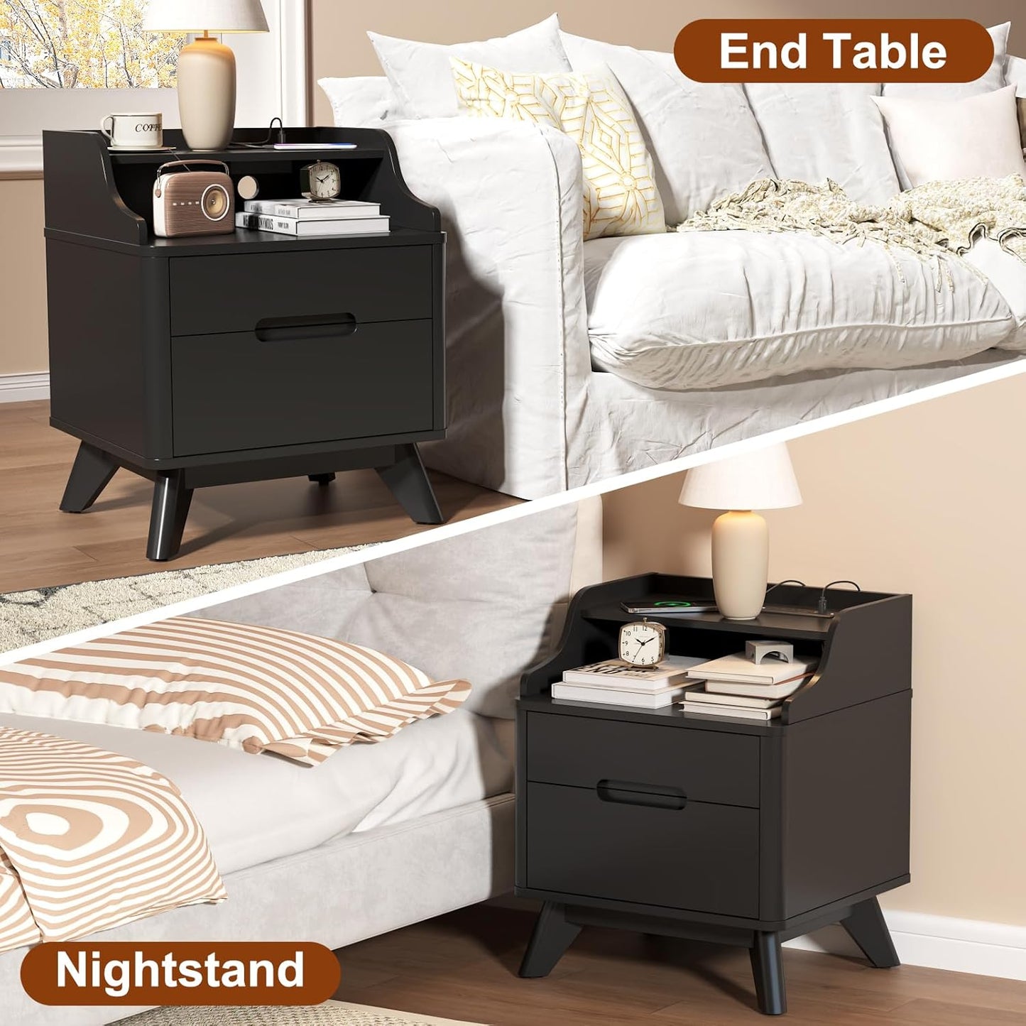 Nightstand with Charging Station, 21" Tall Nightstand w/2 Storage Drawers, Wood Night Stand with Hidden Handle, 17'' Wide Modern Bedside Table for Bedroom,Black