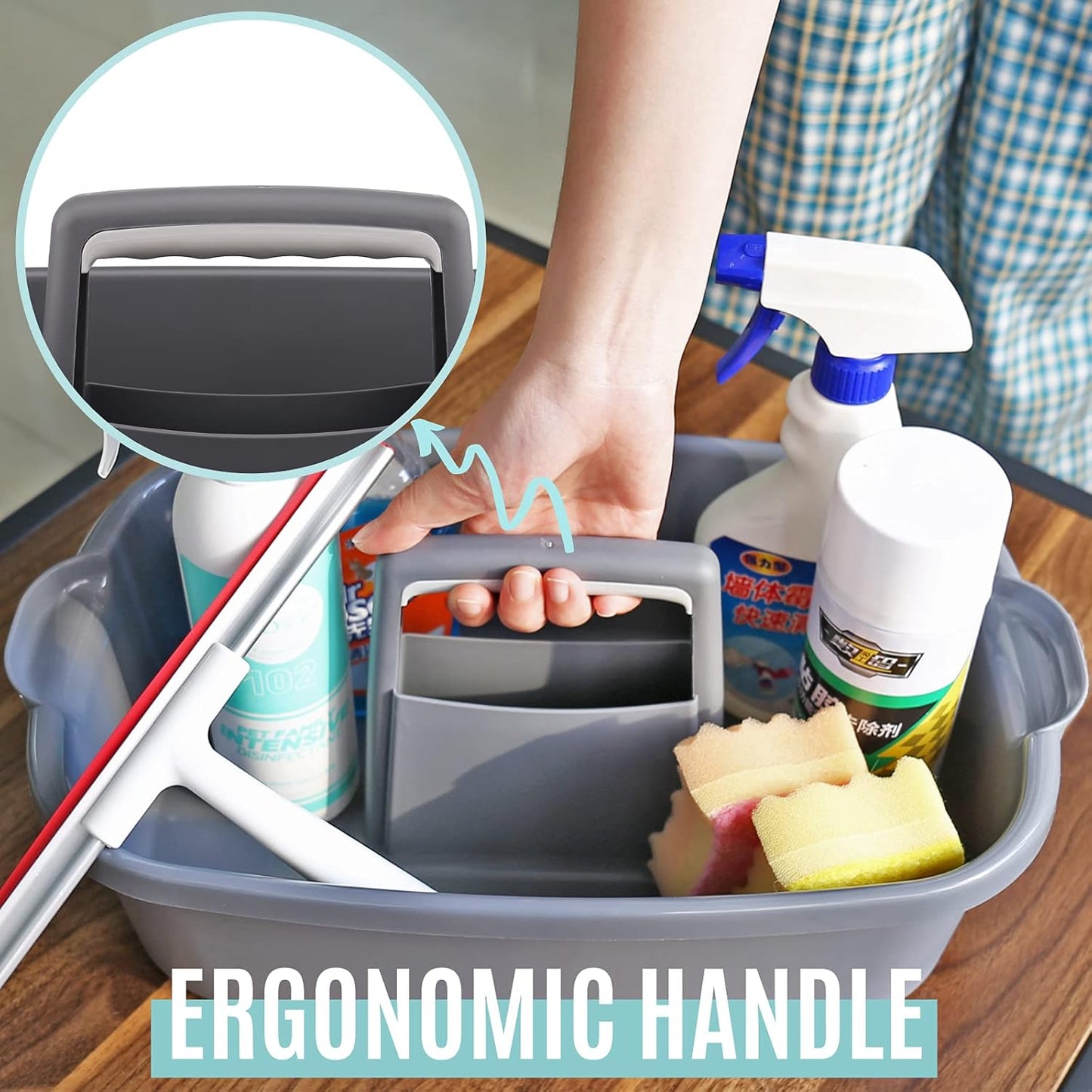 Cleaning Caddy Organizer with Handle, Gray Plastic Bucket for Cleaning Supplies Products, Cleaning Tool Storage Tote, 2 Pack