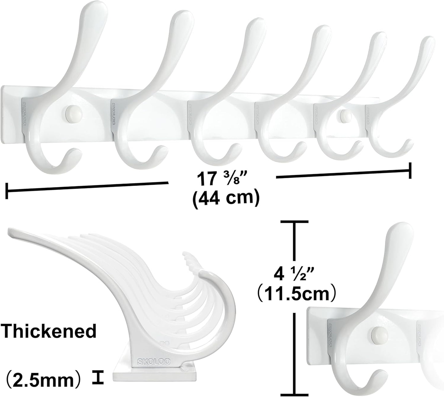 SKOLOO Heavy Duty Wall Mounted Coat Rack - 6 Hooks, Stainless Steel, Sturdy Coat Hooks for Hanging Clothes, Jacket, Hat, White