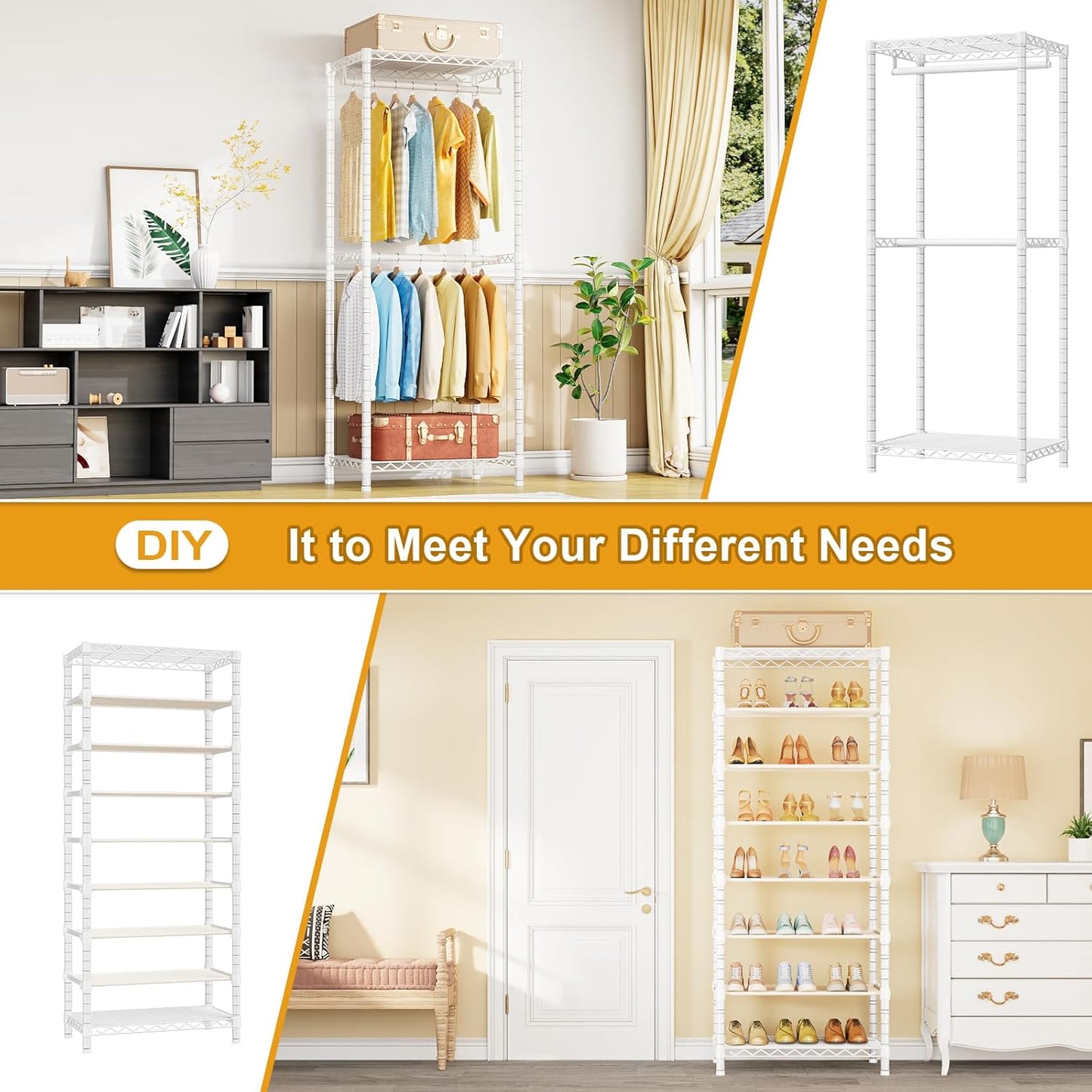 E16 Heavy Duty Clothing Rack(With 7-Tier Adjustable Shoe Rack) Freestanding Clothes Rack for Hanging Clothes,Metal Closet Storage Organizer Large Wardrobe,69'' W x 15.8'' D x 76.2'' H,White