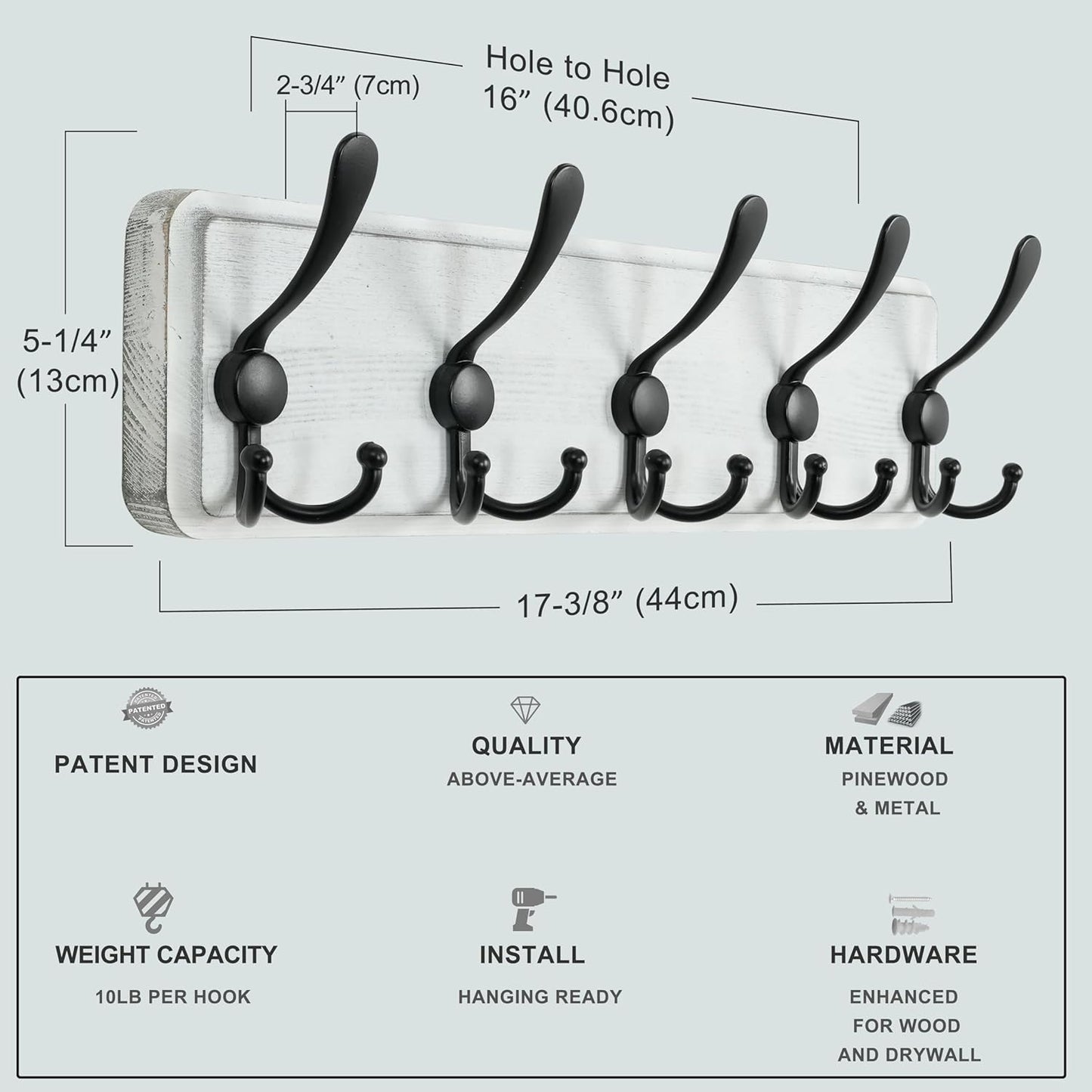 Dseap Coat Rack Wall Mounted - 5 Tri Hooks, Heavy Duty, Wooden Wall Coat Hanger Coat Hook for Clothes Hat Jacket Clothing, Black, Pack of 2