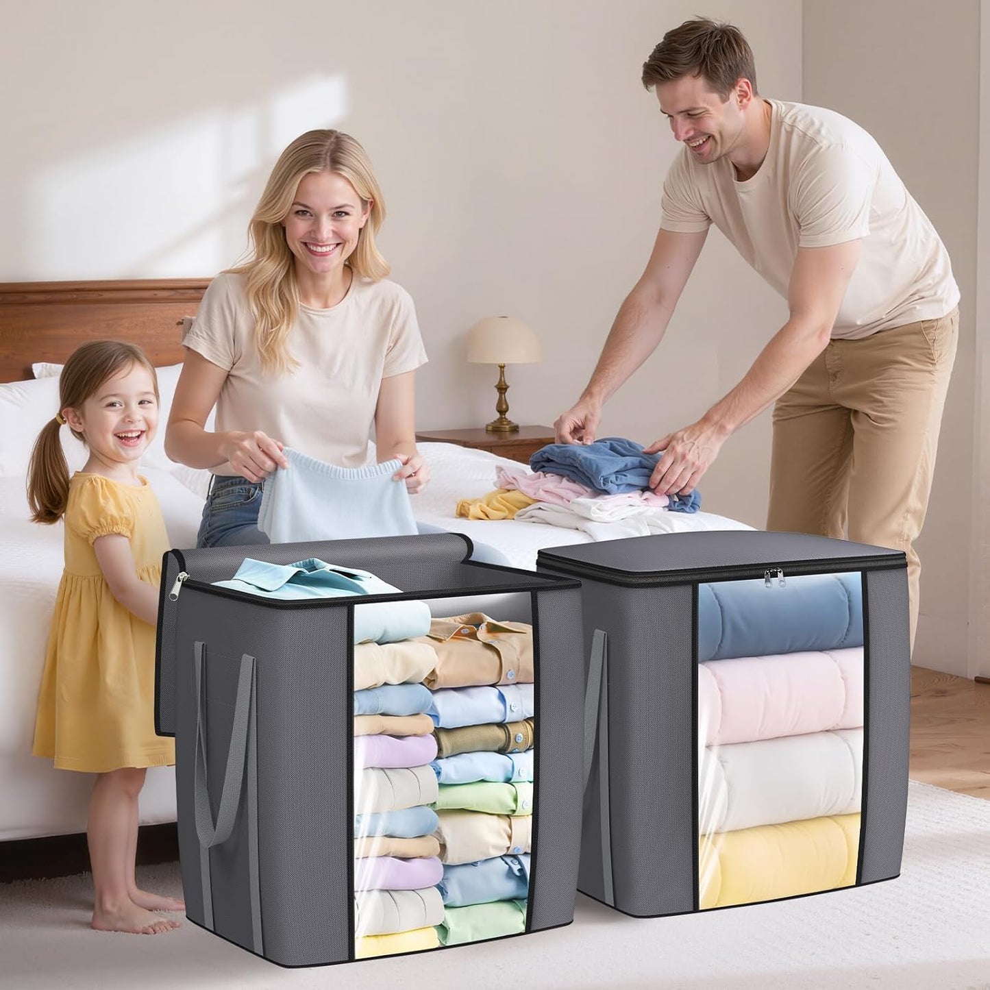 120L Extra Large Clothes Storage Bags, Foldable Blanket Storage and Organization, Thick Fabric Containers with Reinforced Handles & Zippers for Clothing, Comforters, Bedding, Gray, 4 Pack