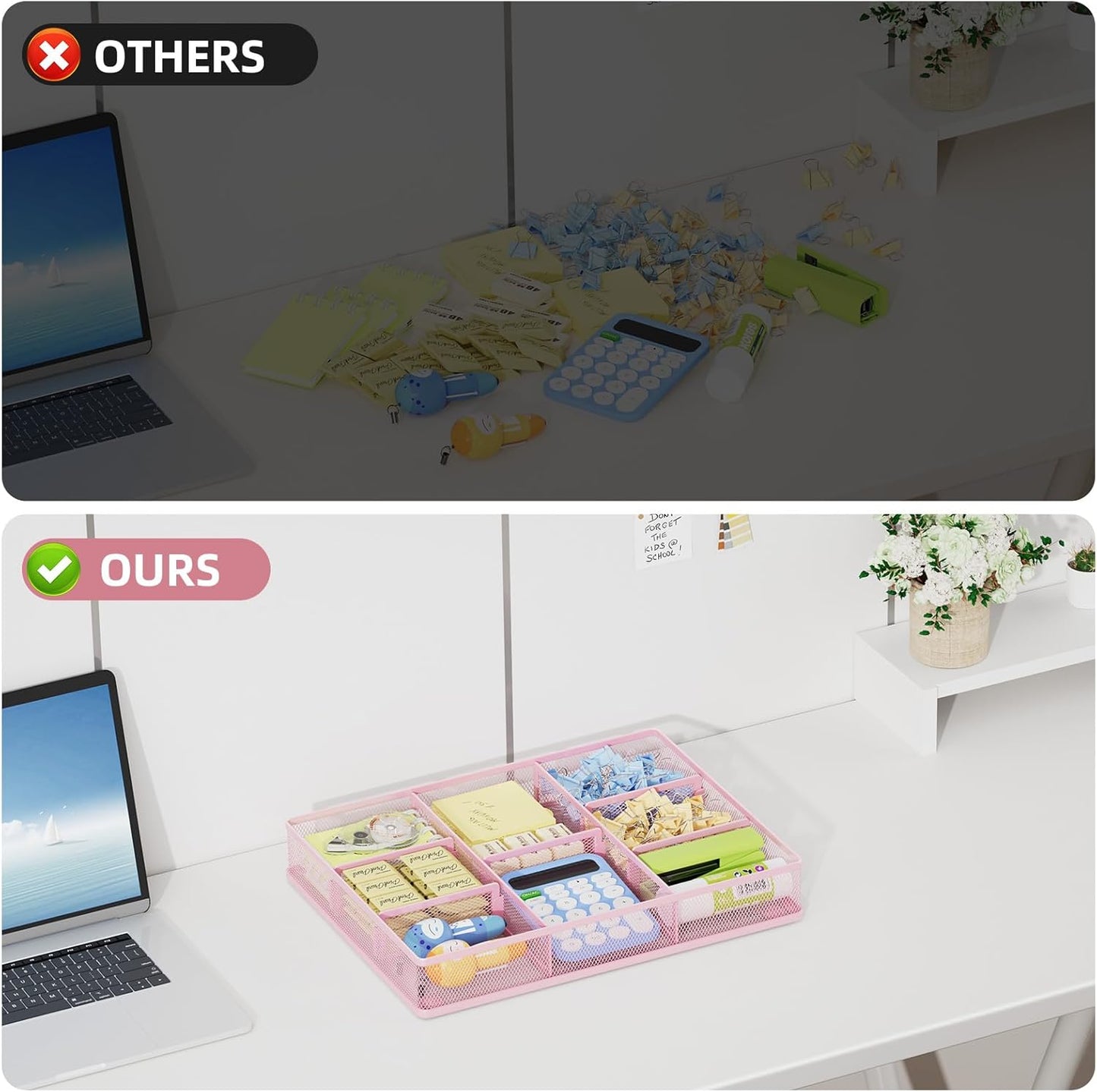 Marbrasse 2P Pink Desk Drawer Organizer, Metal Mesh Drawer Organizer Tray with 5 Adjustable Compartments,Desk Organizers and Accessories for Home,Office,Kitchen,Makeup,Vanity (Pink)