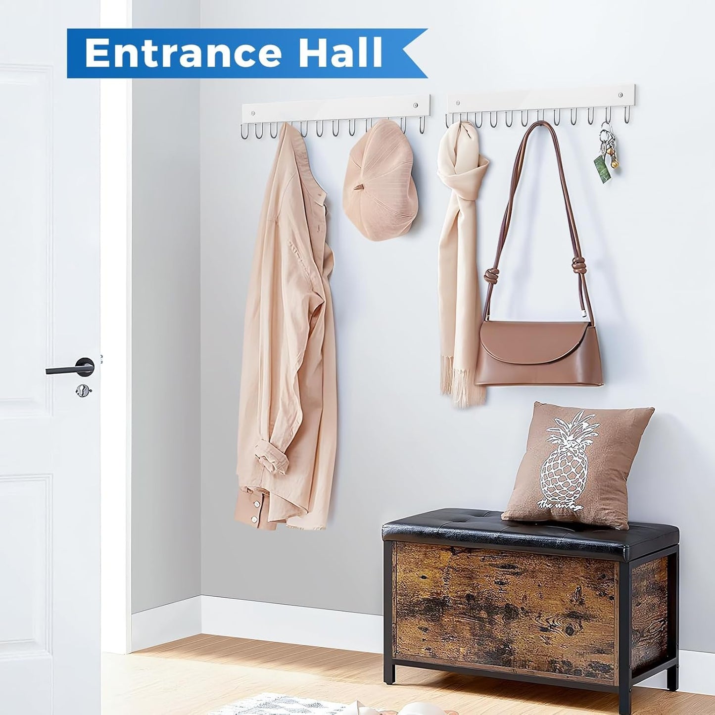 Belt Hanger Wall Mounted, Wooden Coat Rack Belt Organizer 2 Pack Max 24 Storage Capacity, 180° Rotating Space Saving Hangers for Ties, Tank Tops, Scarves, Bras, Keys, Bags White