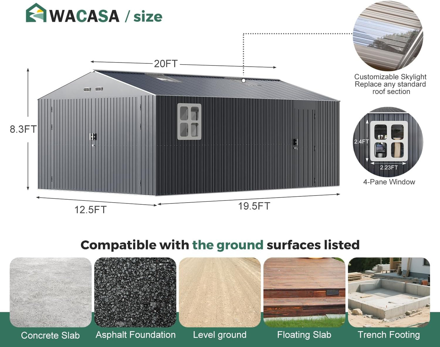 Metal Garage Shed for Car with Floor Kit, 13x20x8.5' Large Outdoor Storage Building and Workshop, Weatherproof Steel Carport with Ultra-Reinforced Truss System, Skylights & Dual-Entry