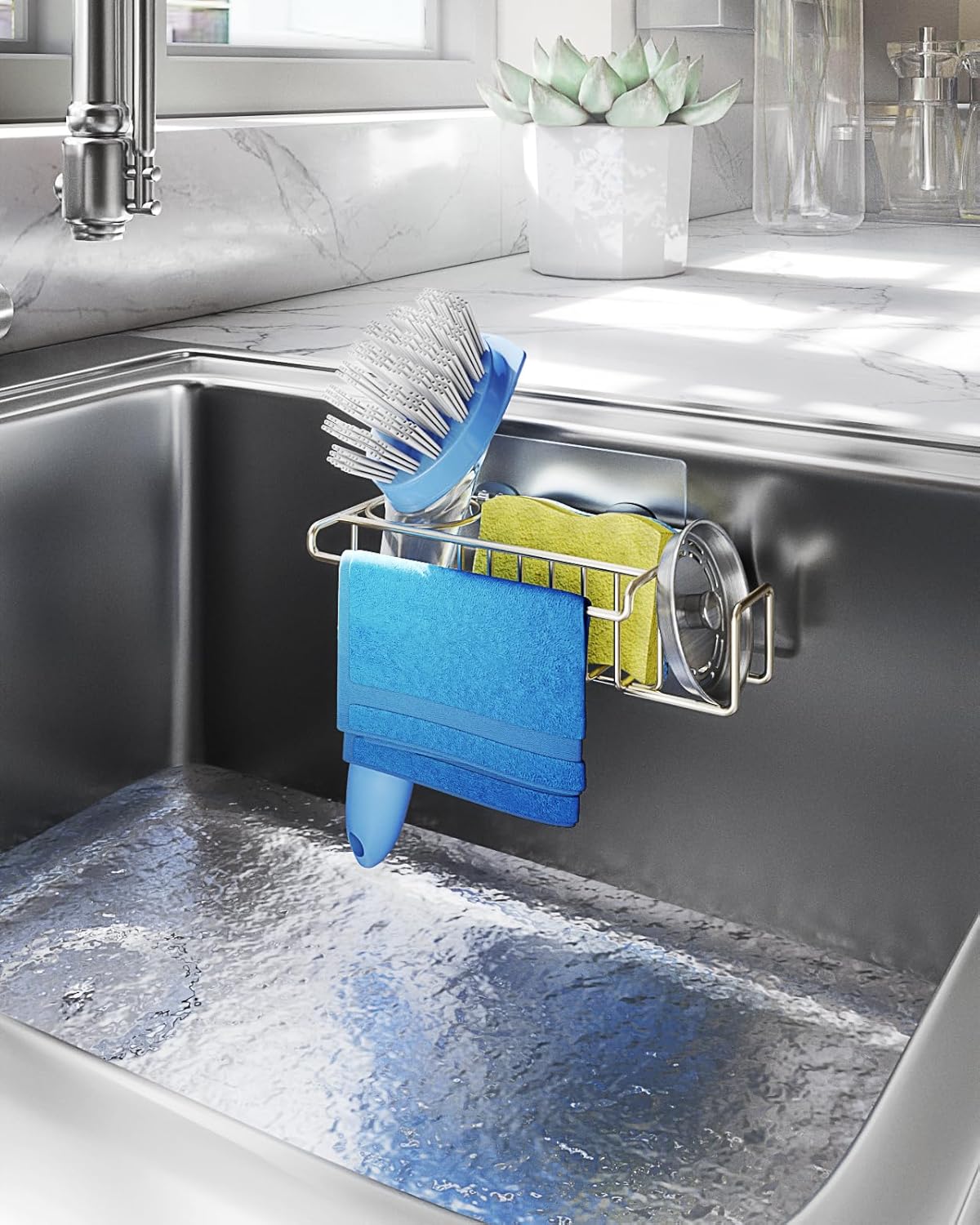 HapiRm Sink Caddy Sponge Holder - No Drill Sponge Holder for Kitchen Sink, Rustproof and Waterproof Kitchen Organizer - Brushed Nickel(8.65 * 3.54 * 2.36 in)