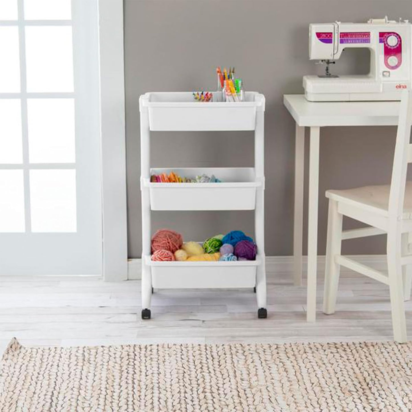 Sterilite 3 Tier Utility Cart Portable Storage Open Bin Organizer with 360 Degree Smooth Rolling Caster Wheels, Supports 10lb Per Tier, White, 12-Pack