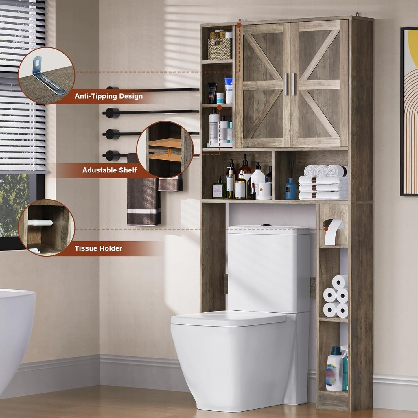 Winkalon Over The Toilet Storage Cabinet with 2 Barn Doors and Adjustable Shelves, Freestanding Toilet Shelf Organizer with Toilet Paper Holder, Space Saver for Bathroom, Restroom, Laundry (Wood)