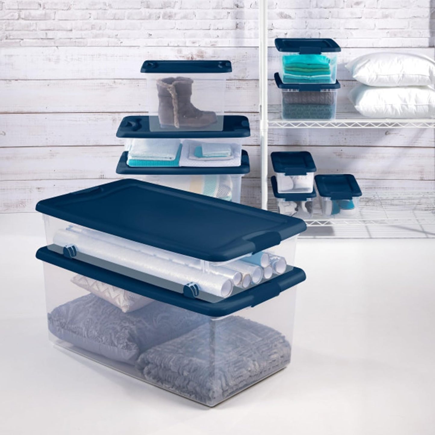 Sterilite 18-Pack Color Program, Large Clear Plastic Storage Bins with Lids, 64 Quart, Blue - Stackable Organizing Container Boxes for Closet, Bathroom, and Office