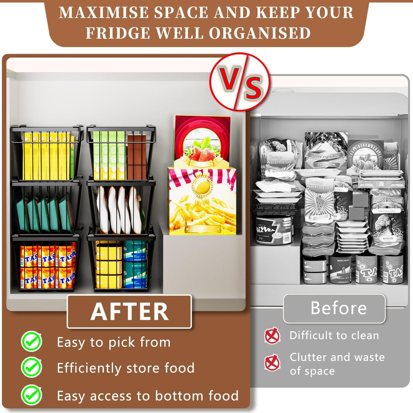 Enhanced Leak-Proof Bottom - Freezer Organizer Bins ,4 Pack Stackable Deep Freezer Organizer Bins for 7 Cu.FT Small Chest Freezer,Easy Get Bottom Foods without Digging