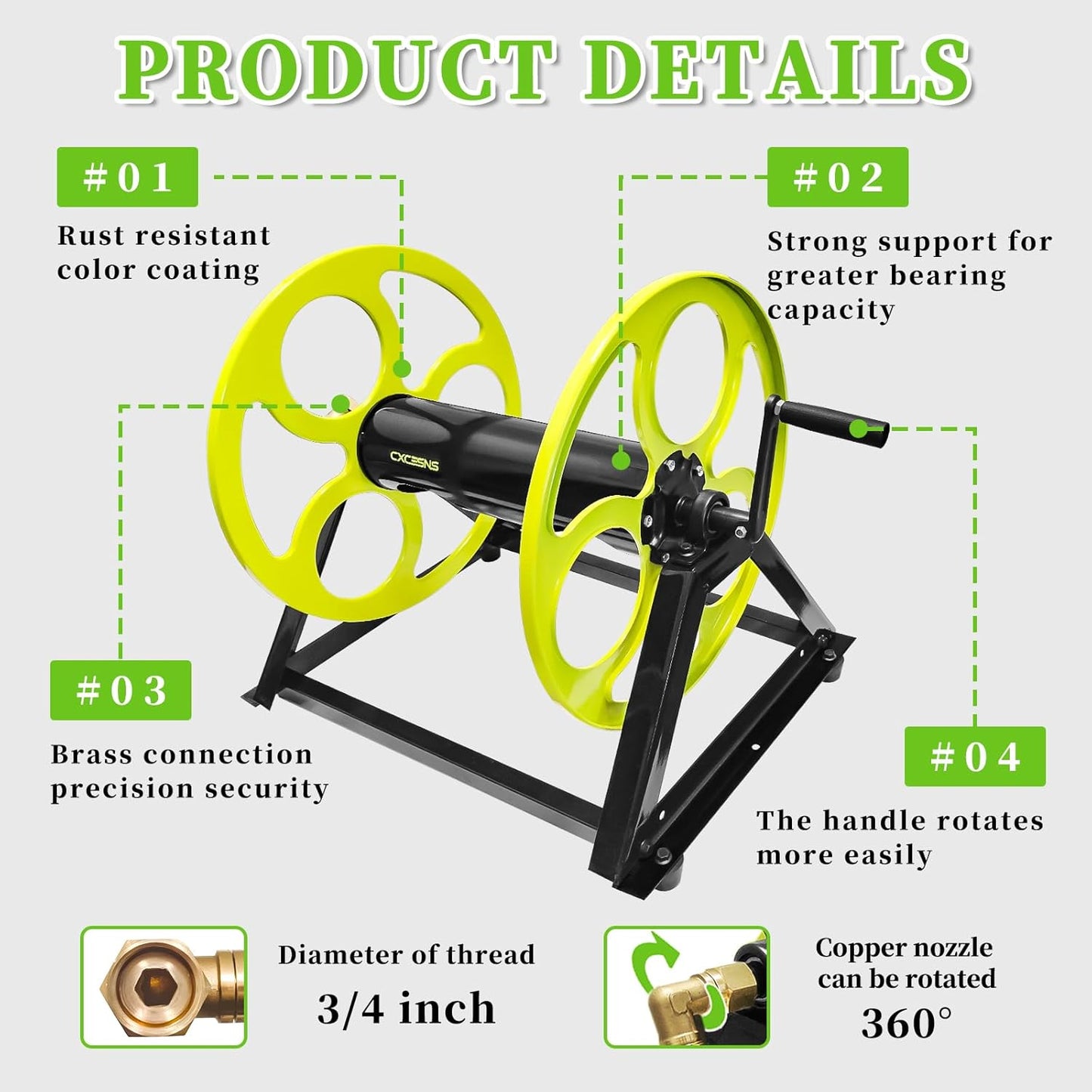 Stainless Steel Garden Hose Reel for 5/8" stainless steels Hoses Reel with Crank Handle Hose Reel Wall Mount 3/4 in Brass Fitting for Hassle-free Outdoor , Holds up to 400-Ft (Hose not included)