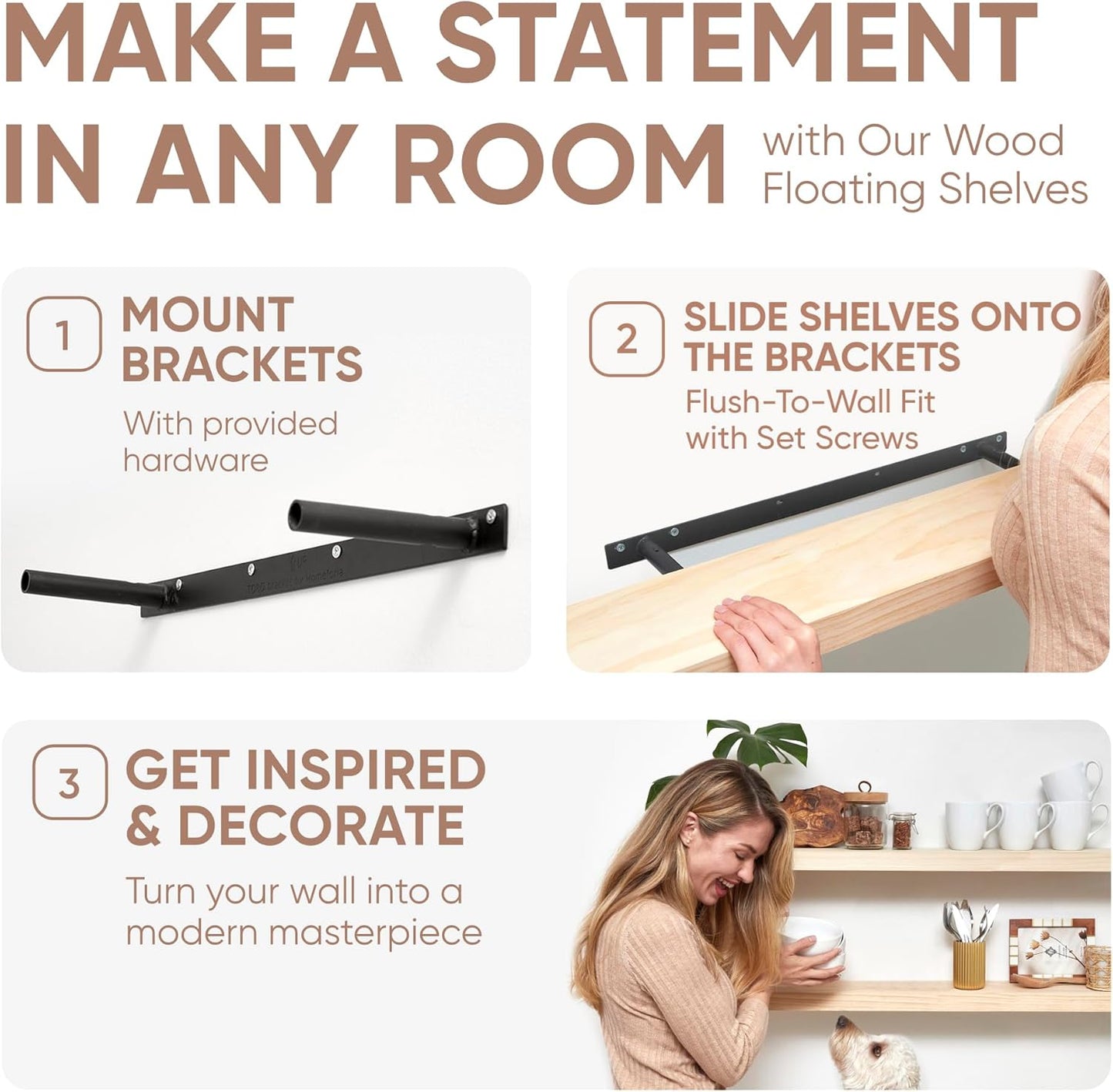 Homeforia 42 inch Wood Floating Shelf, High End Solid Natural Wood 42inch Large Floating Shelves for Wall Mounted, Unfinished Wooden Floating Shelves, Heavy Duty Bracket, 42 X 6.5 X 1.75 in, Set of 3