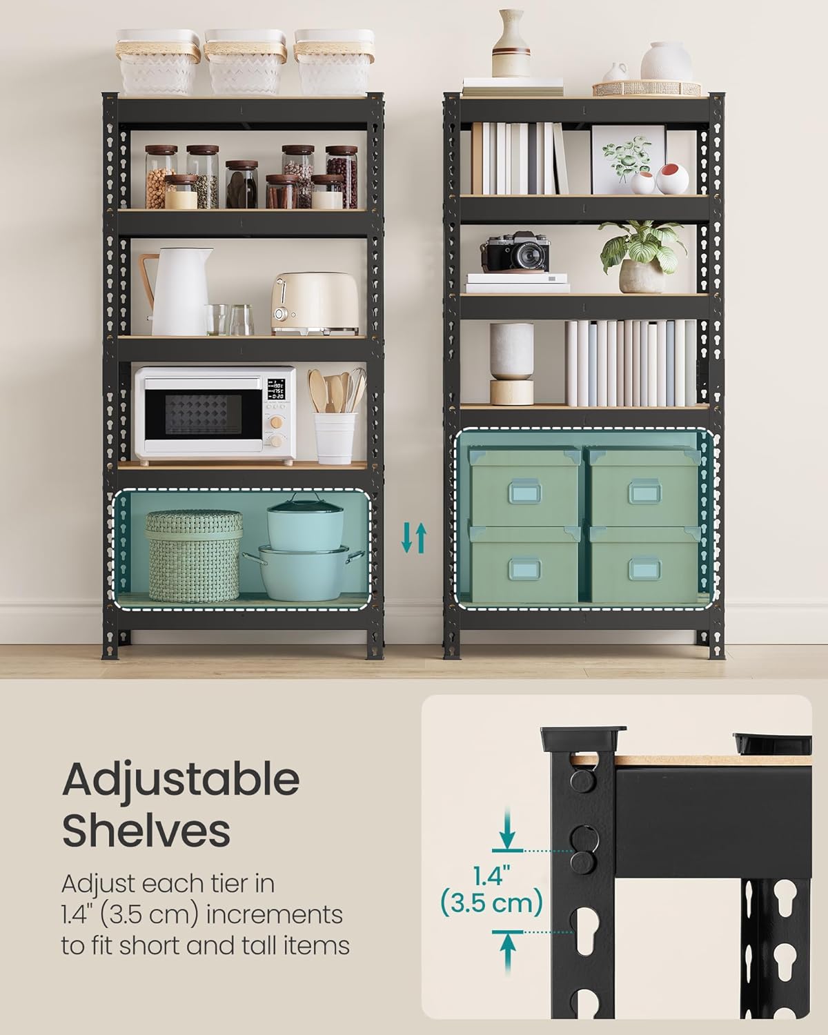 SONGMICS 5-Tier Storage Shelves, Load 2310 lb, Garage Storage, Boltless Assembly, Adjustable Shelving Unit, 11.8 x 29.5 x 59.1 Inches, for Study Shed Basement, Black and Rustic Brown UGLR300B11