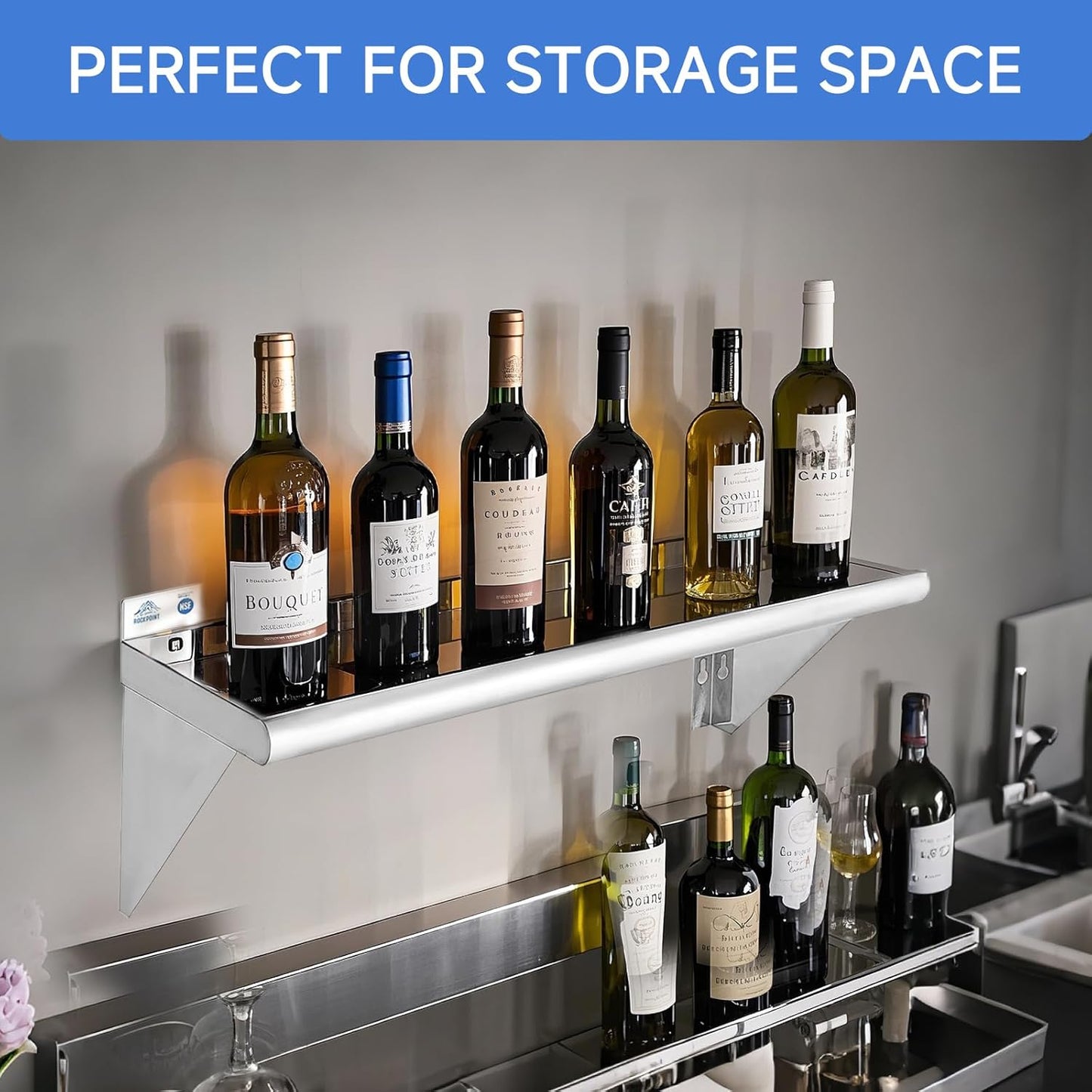 ROCKPOINT Stainless Steel Shelf 18 x 72 Inches 500lb, NSF Metal Commercial Shelves Wall Mount Floating Shelving with Backsplash for Restaurant, Kitchen, Home and Hotel, Silver