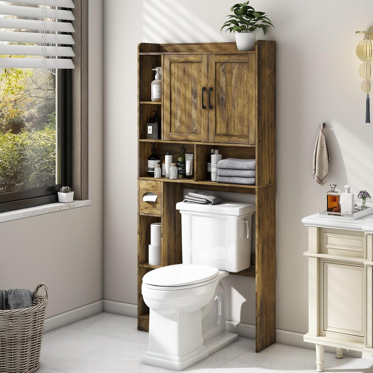 Vabches Over The Toilet Storage Cabinet, Farmhouse Storage Cabinet Over Toilet with Barn Door,Home Space-Saving Toilet Rack for Bathroom, Restroom and Laundry