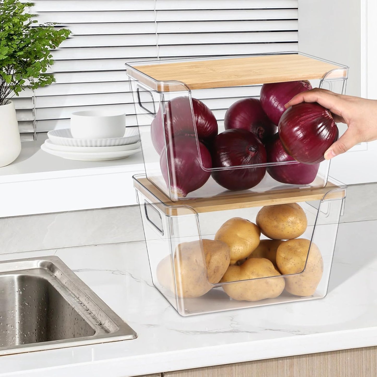 Pantry Organizers and Storage, Stackable Plastic Pantry Organizer with Lid & Handle for Kitchen Counter, Fridge for Fruit, Potato, Onion, Vegetable, 3 Set (Clear- 3 Large Bin & 2 Container)