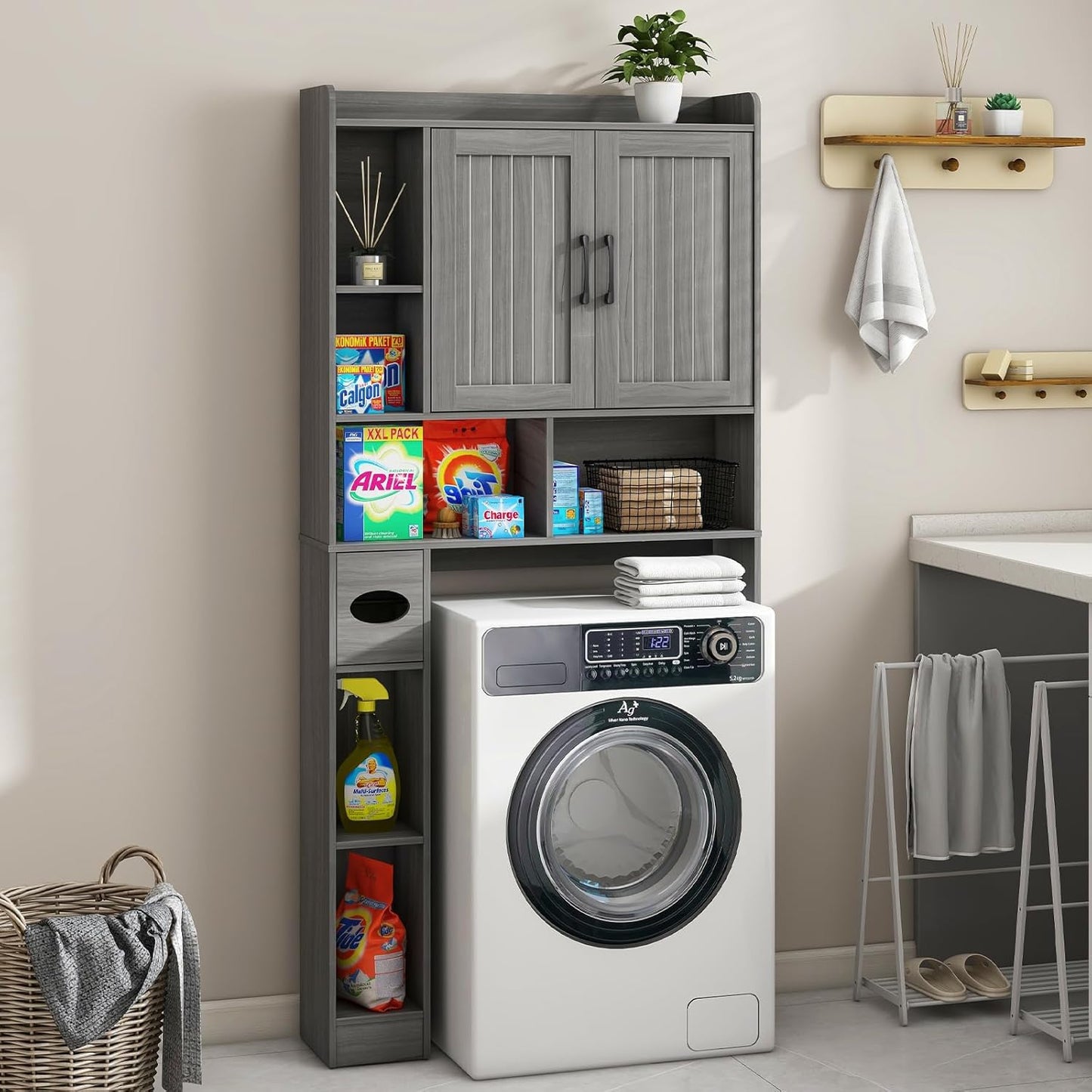 Vabches Over The Toilet Storage Cabinet, Farmhouse Storage Cabinet Over Toilet with Barn Door,Home Space-Saving Toilet Rack for Bathroom, Restroom and Laundry.(Wash Grey)