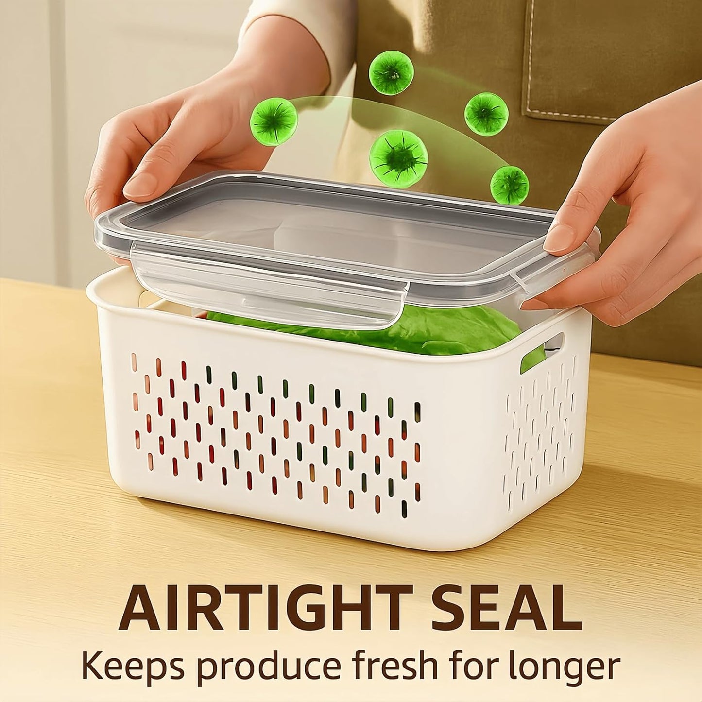 4 Pack Food Storage Containers with Lids – Refrigerator Organizer with Removable Colander & Drain Basket, Airtight Produce Saver for Fruits & Vegetables