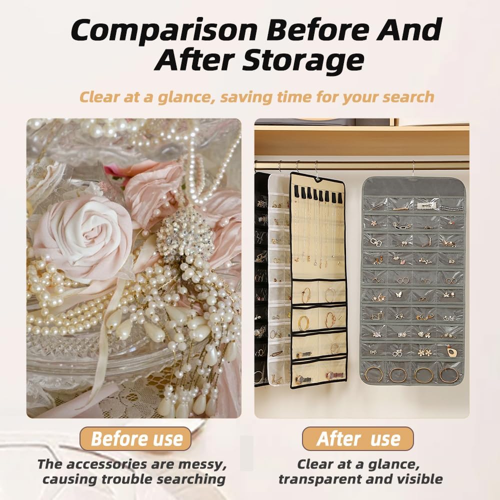 Hanging Jewelry Organizer Storage Earring Jewelry Storage Bag With 48 Pockets Necklace Bracelet Ring Glasses Accessory Display Rack (White)
