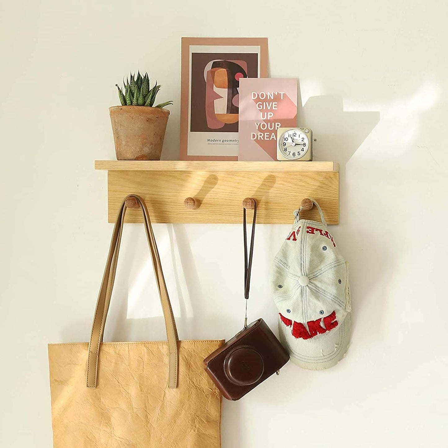 Entrance Coat Rack ,Coat Hooks, Wall-Mounted Wooden Hook Rack, Wall-Mounted Shelves are Very Suitable (Oak Colored Finish-2)