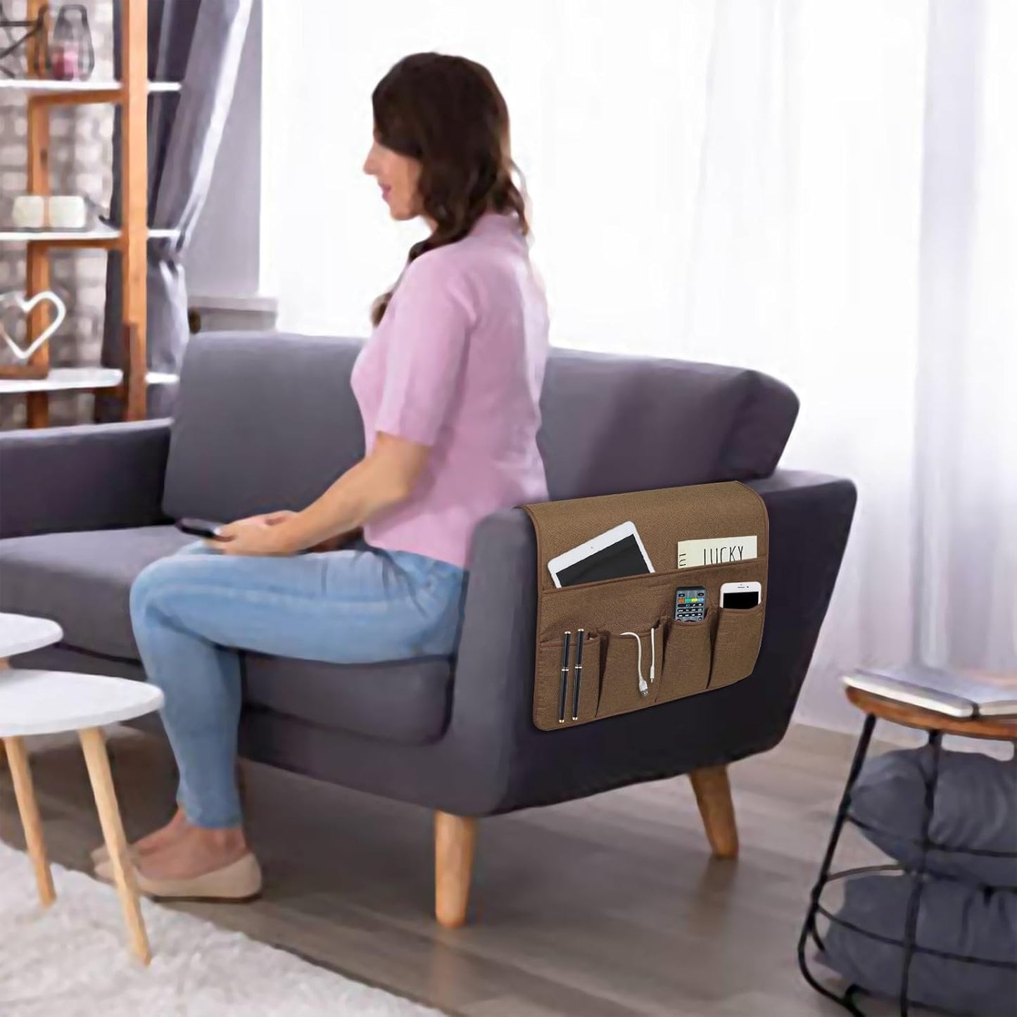 NB Sofa Armrest Organize remote holder bedside caddy organizer with 5 pockets,non-slip couch remote control holder couch armchair caddy accessories (Flaxen, 35''x18'')