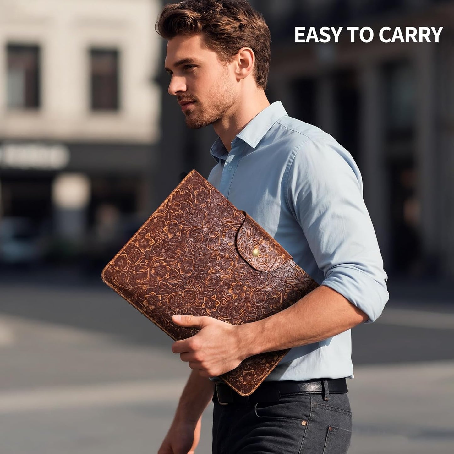 Genuine Leather Laptop Sleeve,Compatible with MacBook Pro 14 Inch M4 M3 M2 M1 Pro/Max Cover,Vintage Protective Computer Case with Floral Pattern,Brown