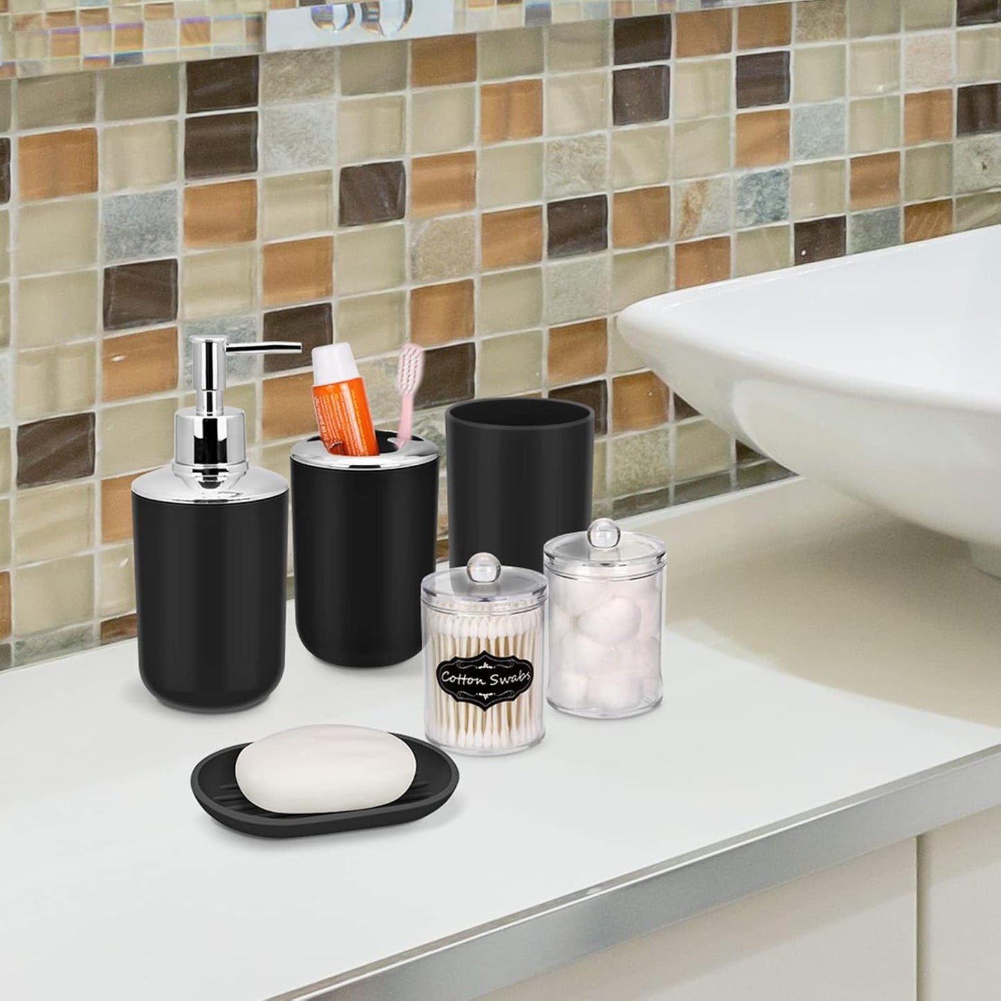 IMAVO Bathroom Accessories Set,Black Bathroom Set,9 Pieces Bathroom Accessory Set,Tray,Qtip Holders,Toilet Brush,Trash Can for Bathroom Décor and Home Gifts