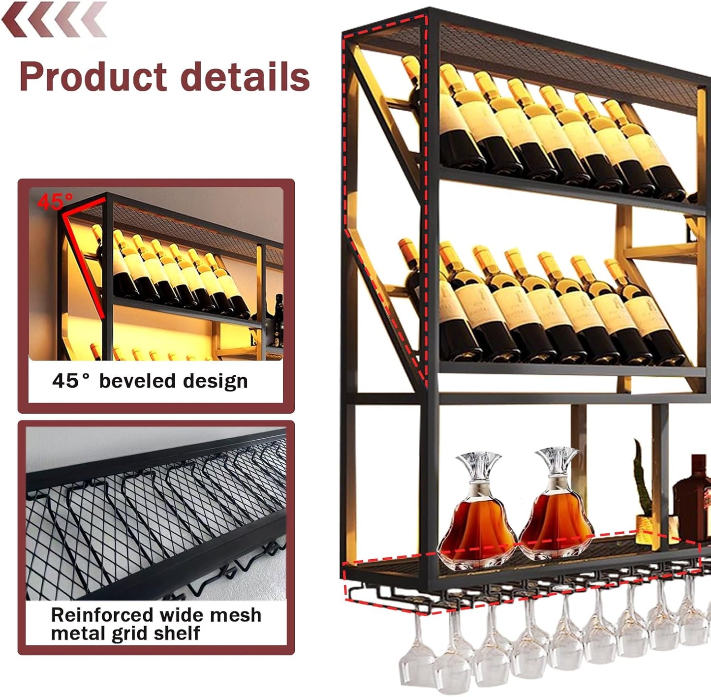 3 Tier Large Wine Rack Wall Mounted with Glass Holder, Black Modern Iron Liquor Shelf, 78.7 Inch Large Wine Bottle Display Shelf, for Kitchen Dining, Home Bar, Cellar (78.7" W)
