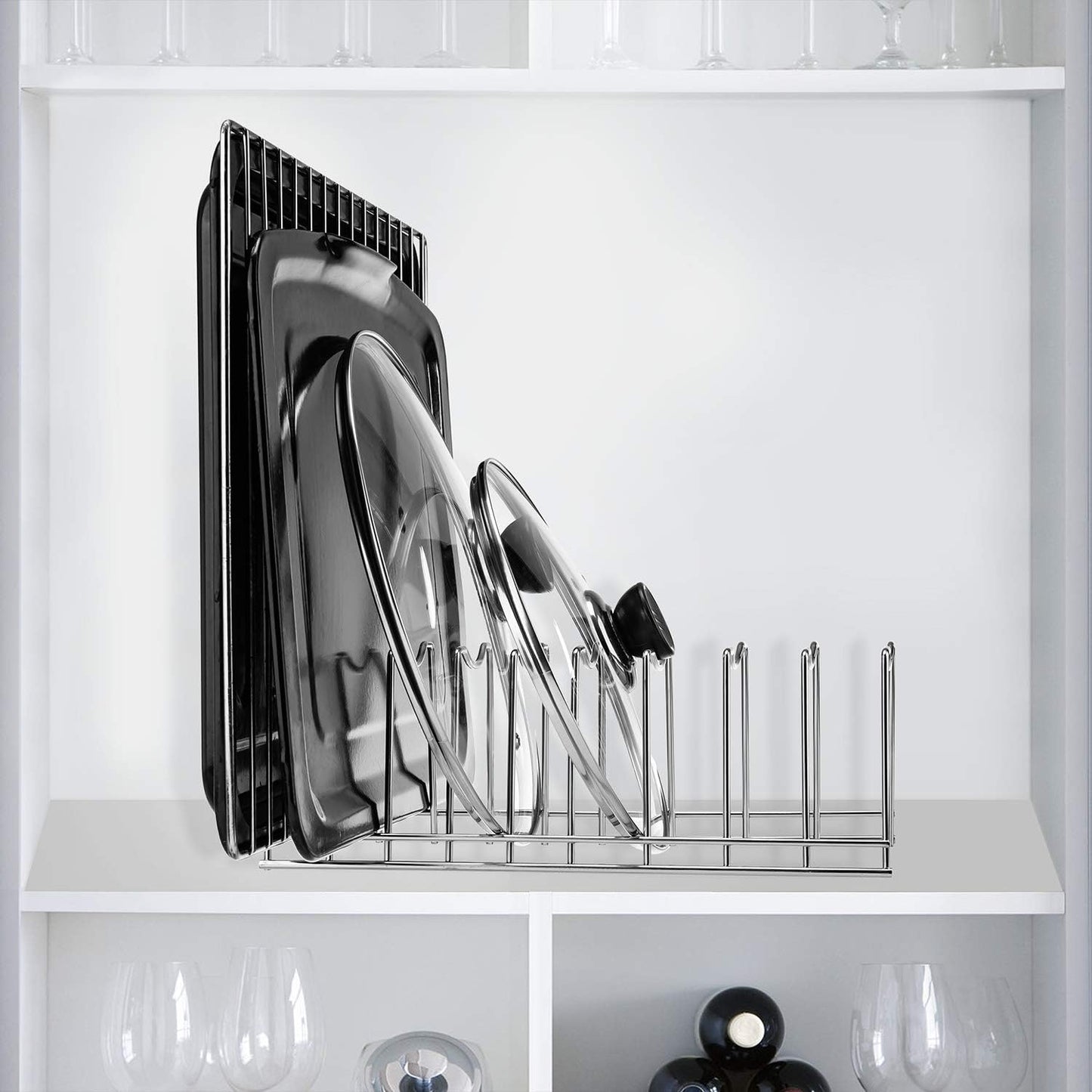 Pot Lid Organizer, Kitchen Pot Lid Rack Holder, Rest Cutting Board, Baking Sheet, Pots & Pans, Serving Trays, Stainless Steel (Silver, 2)
