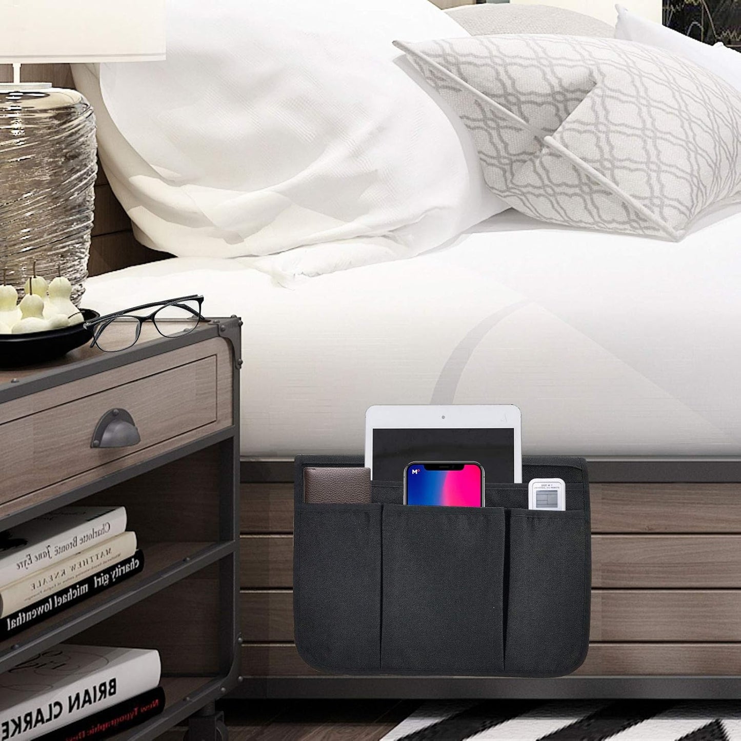 Bedside Caddy Bedside Storage Organizer Magazine Phone Tablet iPad Remote Holder, Organizer Caddy for Home College Dorm Bed, Sofa, Bunk Bed (Black)