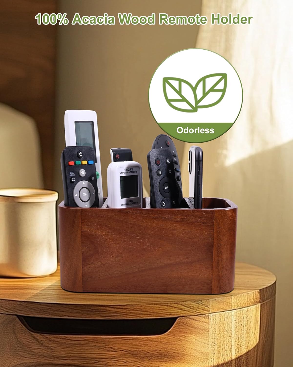 Acacia Wood Remote Control Holder, Bonfixe Removable Desk Organizer with 4 Compartments & 4 Protective Pads, Easy Storage TV Remote Holder for Living Room, Bedside Caddy, Office Supplies