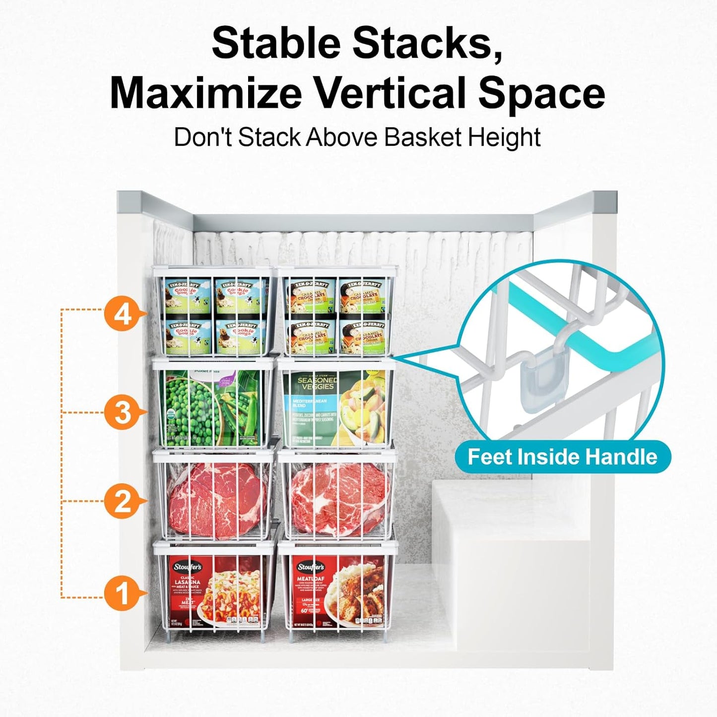 iSPECLE Chest Freezer Organizer Bins - 8 Pack Small Stackable Deep Freezer Organizer Bins for Most 7 Cu.FT Freezer Sort Frozen Meats, Freezer Storage Bins Easy Access Food without Digging, White