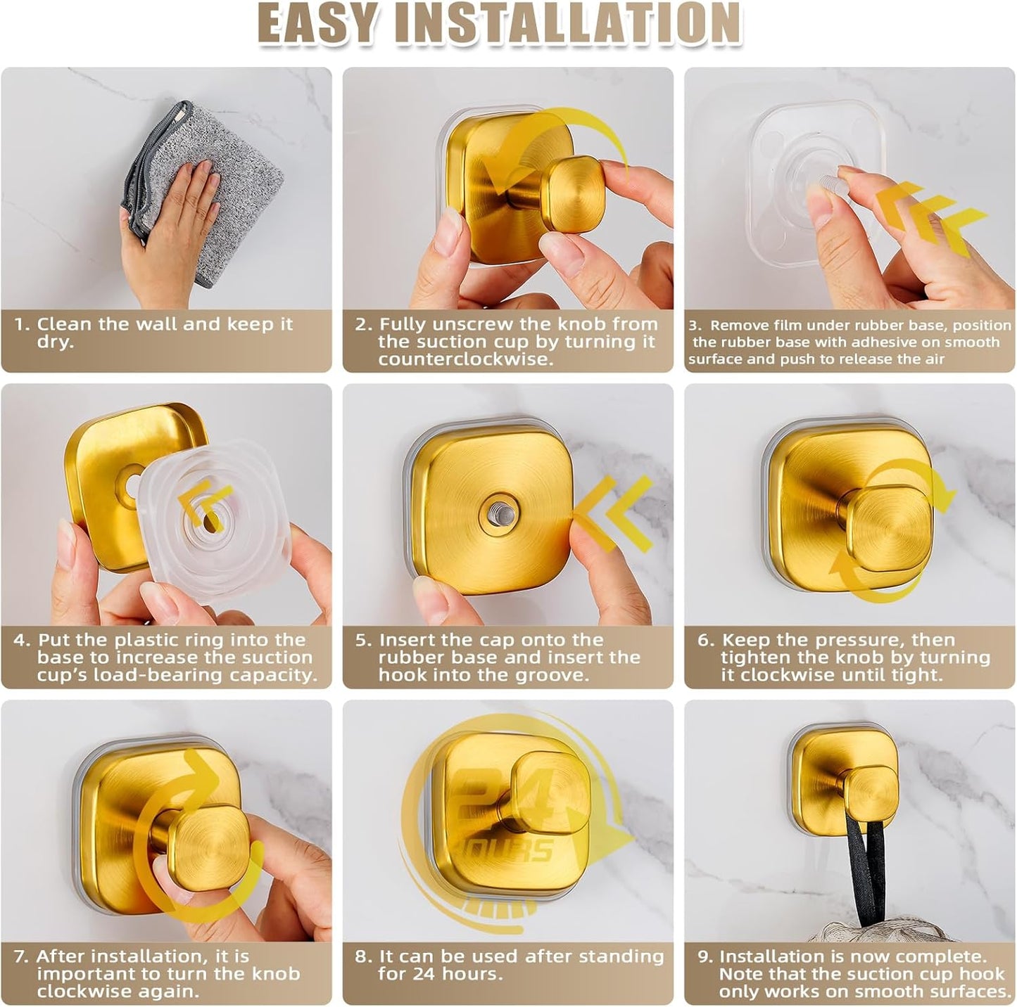 Suction Cup Hooks for Shower - Resuable Bathroom Hooks for Towels, Robes & Loofah - No-Drill Mounting on Kitchen,Walls,Metal,Glass,Mirrors,Tile & Smooth Non-Porous Surfaces (4, Brushed Gold)