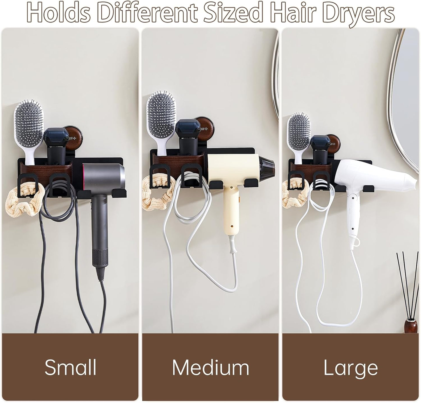 Hair Dryer Holder Wall Mount with Suction Cup, No-Drill Metal Blow Dryer Holder, Hair Accessories Tools Organizer Rack with 1 Toothbrush Hanger & Shelf, Walnut Finish for Bathroom