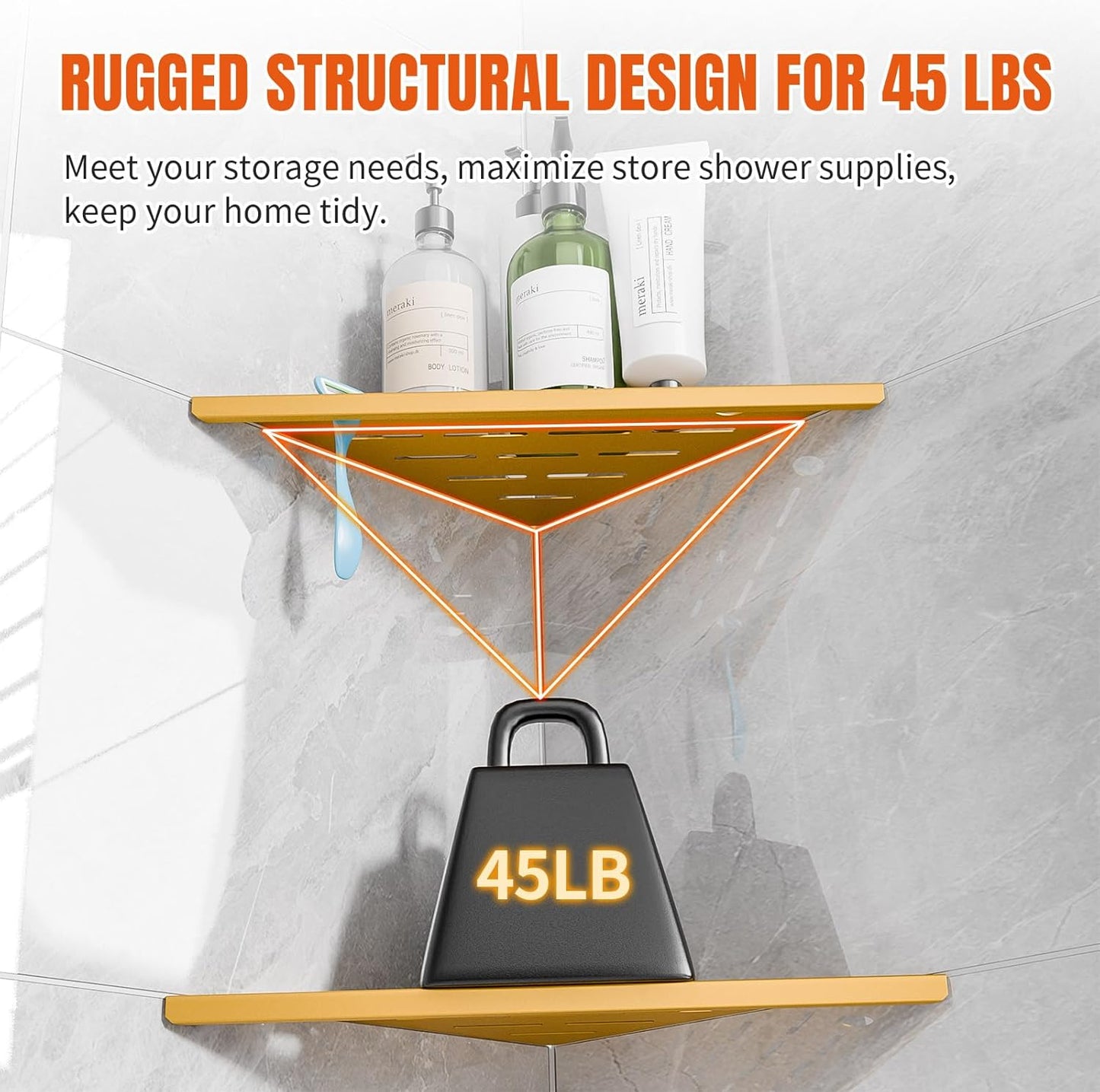 Shower Corner Shelf with Razor Hole,Modern Style Shower Caddy, Sturdy 304 Stainless Steel Shower Organizer,No Drilling Bathroom Corner Shelf for Tile Wall Gold 2 Pack-10