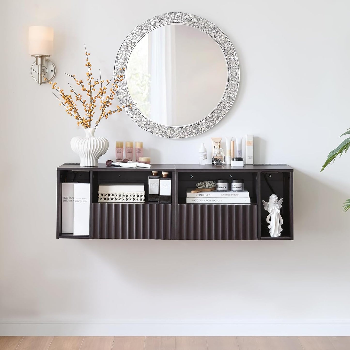 Modern Espresso Fluted Floating Nightstand with Charging Station, NightStand with Drawers, Bedside with USB Ports and Outlets, Bedroom Furniture (Set of 2)