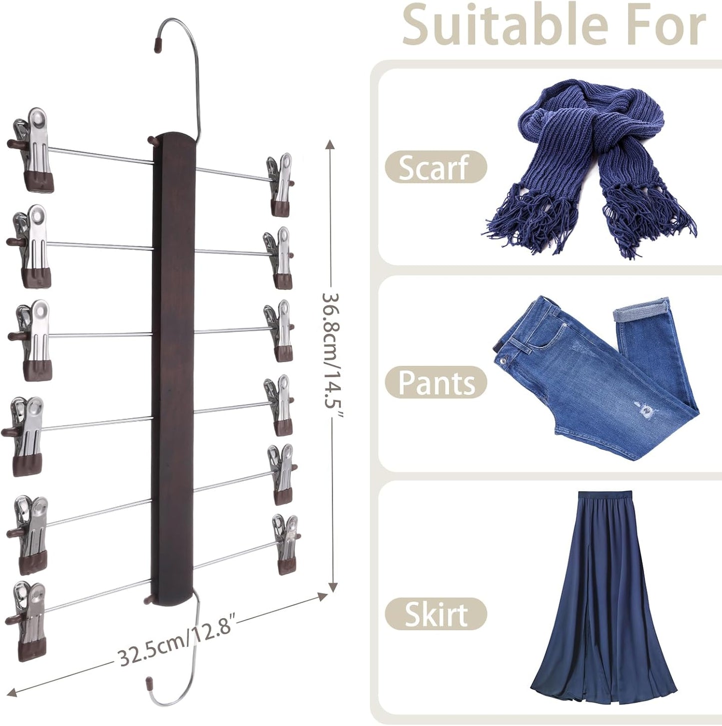 Skirt Hangers Space Saving,6 Tier Closet Organizers & Storage,Wooden Magic Hanger & Hanger with Clips,Pants-Hangers-Space-Saving for Hanging Pants Skirts Shorts Scarf Jeans(2 Piece)
