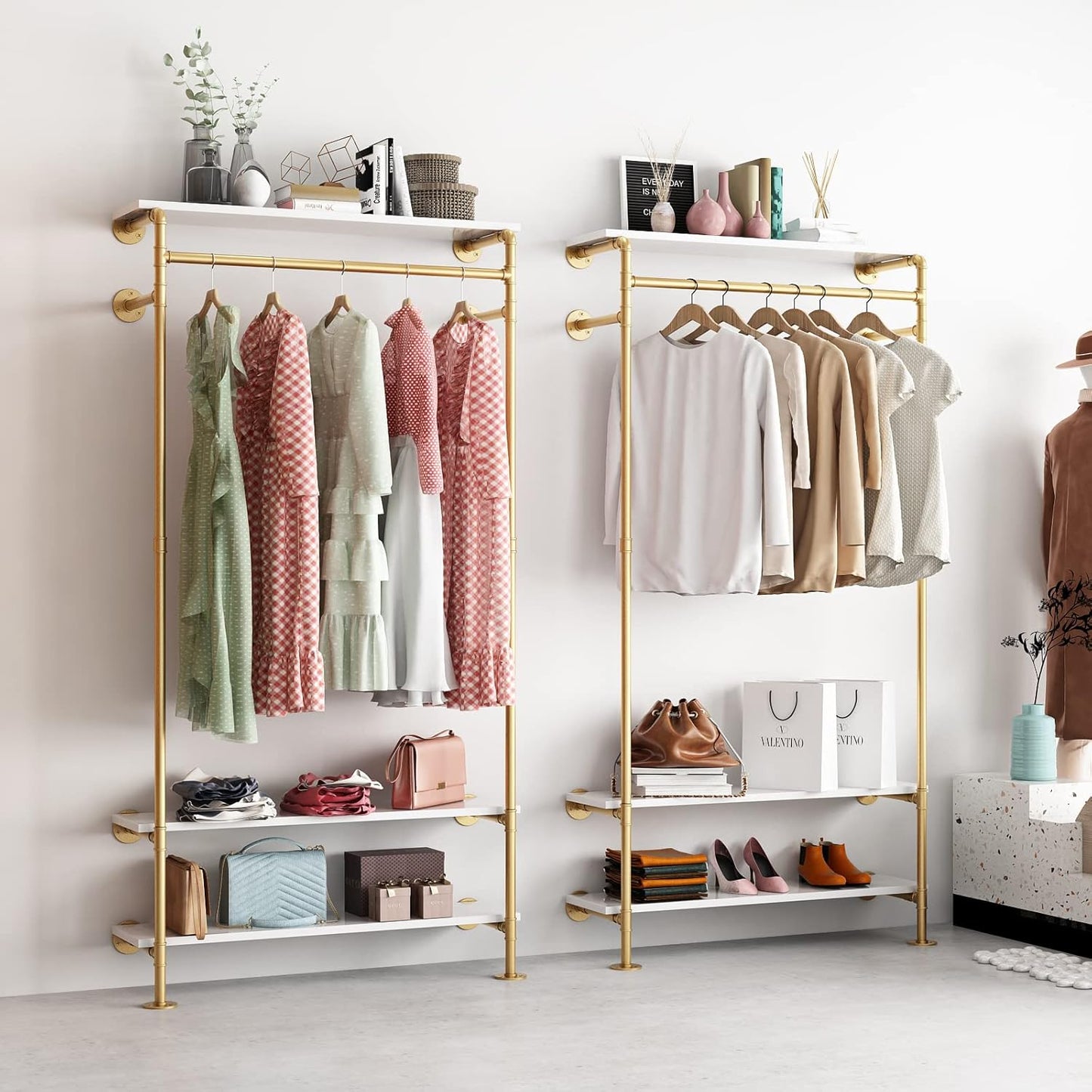 Gold Wall Clothing Racks with White Shelves, Wall Mounted Gold Clothes Rack for Hanging Rods,Heavy Duty Industrial Pipe Clothing Racks With Shelves Retail Display Garment Rack for Home