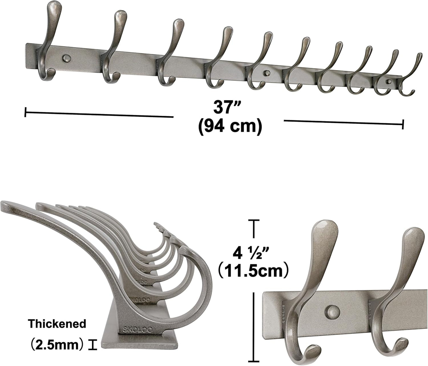 SKOLOO Coat Rack Wall Mounted - 10 Hooks, Pack of 2, Heavy Duty, Stainless Steel, Metal Wall Hangers, Sturdy Coat Hooks for Hanging Coats, Jacket, Clothes, Hat, Matte Grey