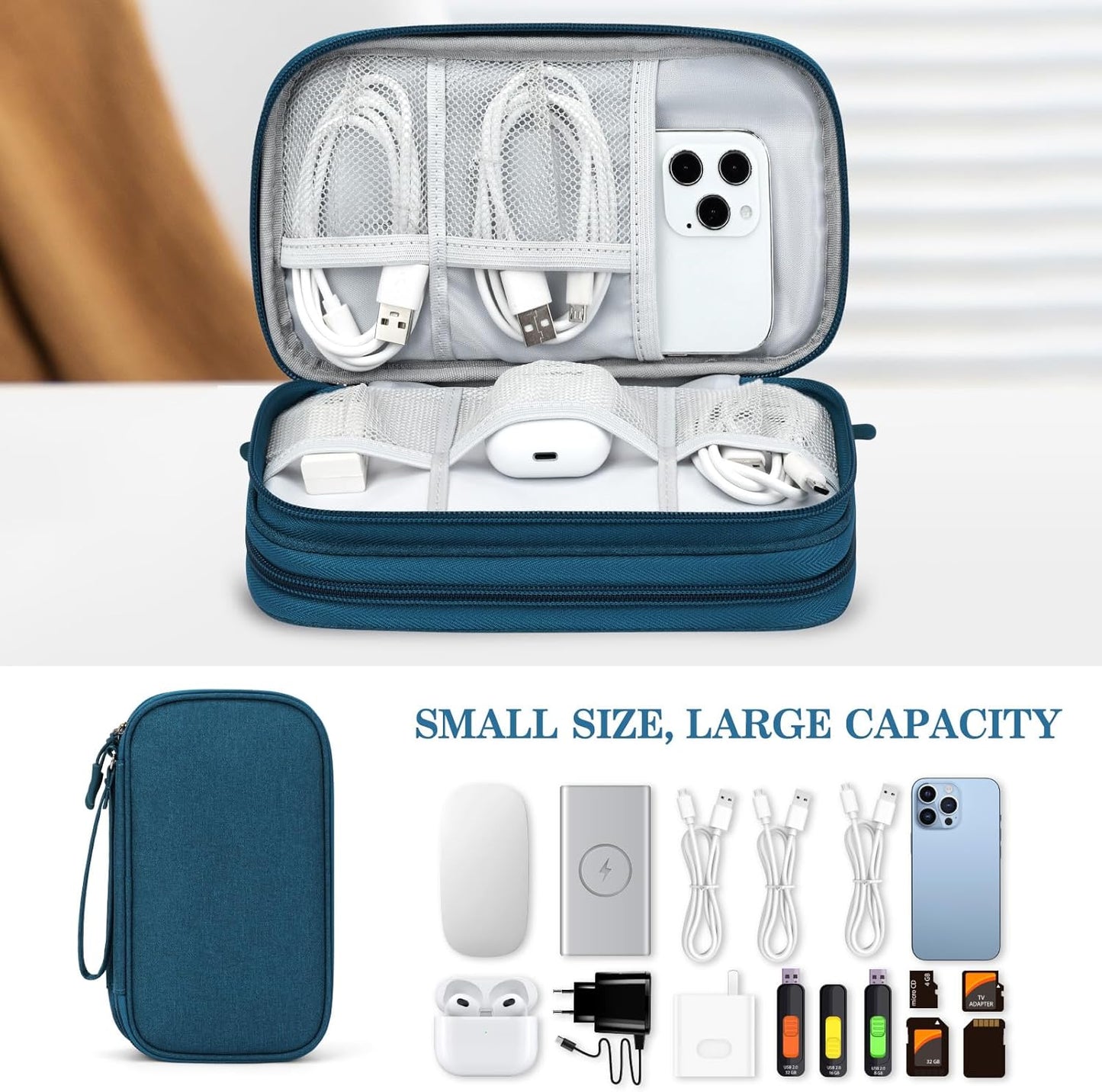 FYY Electronic Organizer, Travel Cable Organizer Bag Pouch Electronic Accessories Carry Case Portable Waterproof Double Layers Storage Bag for Cable, Cord, Charger, Phone, Earphone, Medium Size, Green