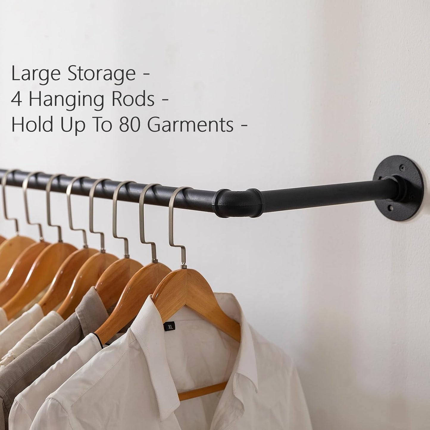 Industrial Pipe Clothing Rack - Wall Mounted Garment Rack as Walk-in Closet System. Sturdy Open Wardrobe for Hanging Clothes - Heavy Duty Clothes Rack with Four Hanging Rods for Home