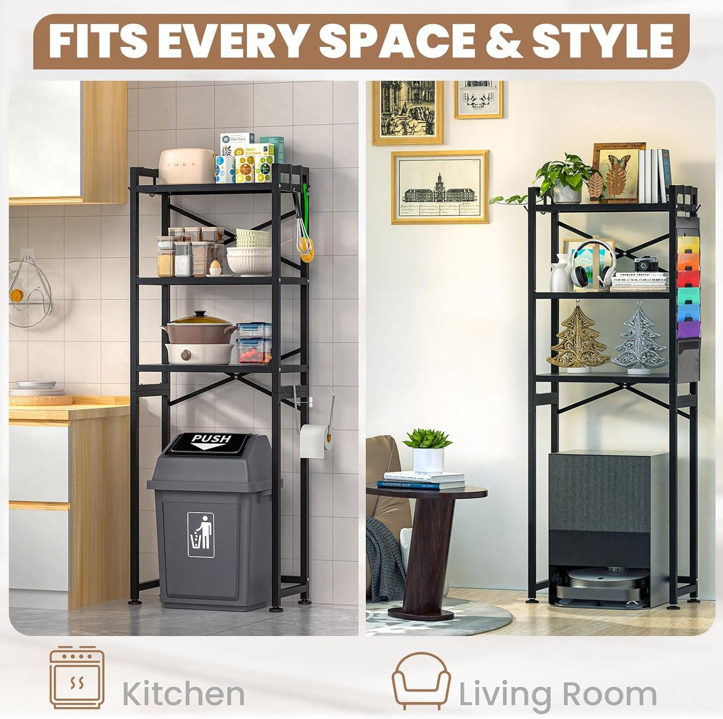ZZL Over The Toilet Storage,3-Tier,Bathroom Toilet Organizer,Multifunctional Space Saver Freestanding Bathroom Shelves with 4 Hooks,Black